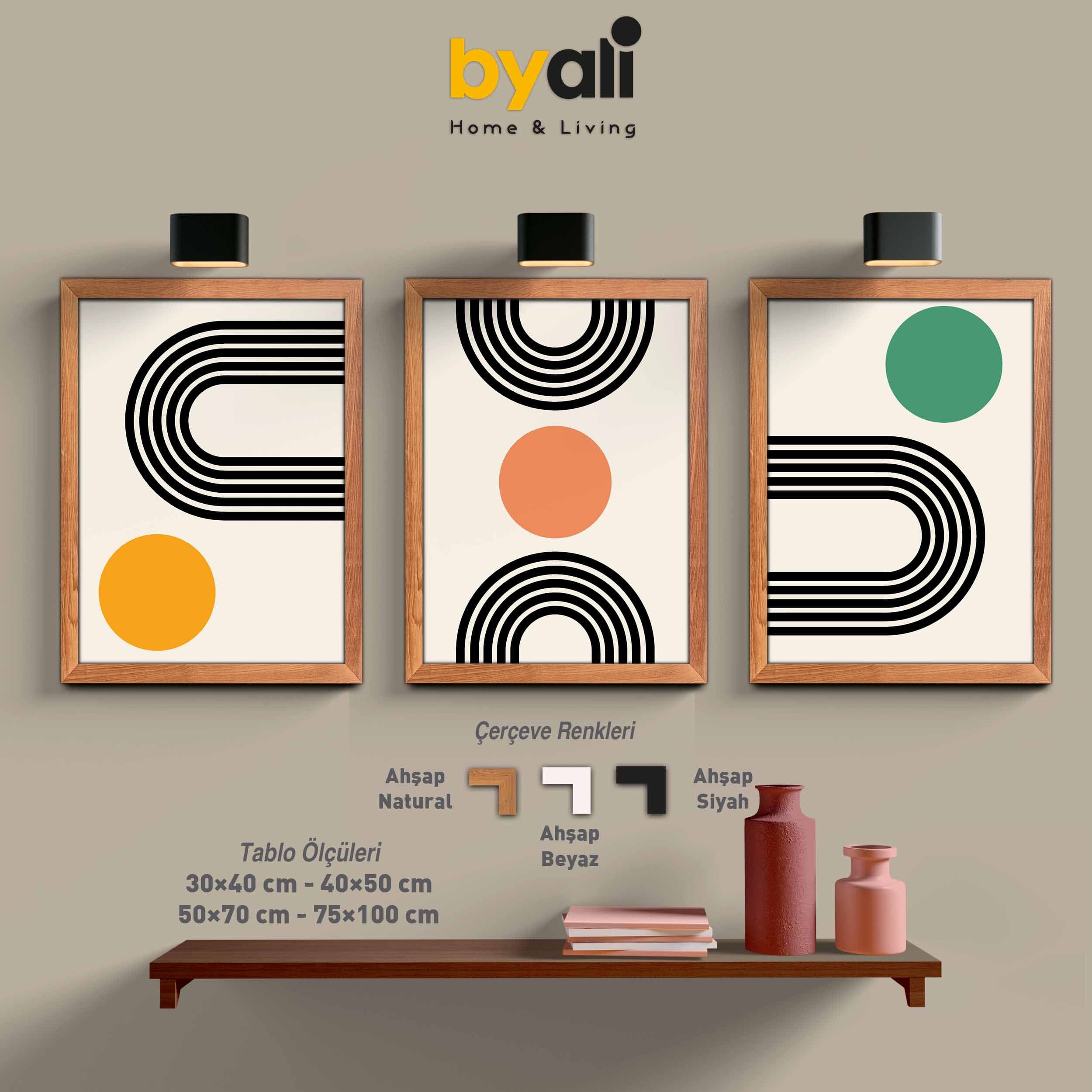 Ahşap Çerçeveli Mid-Century 3’lü Tablo Seti 3055
