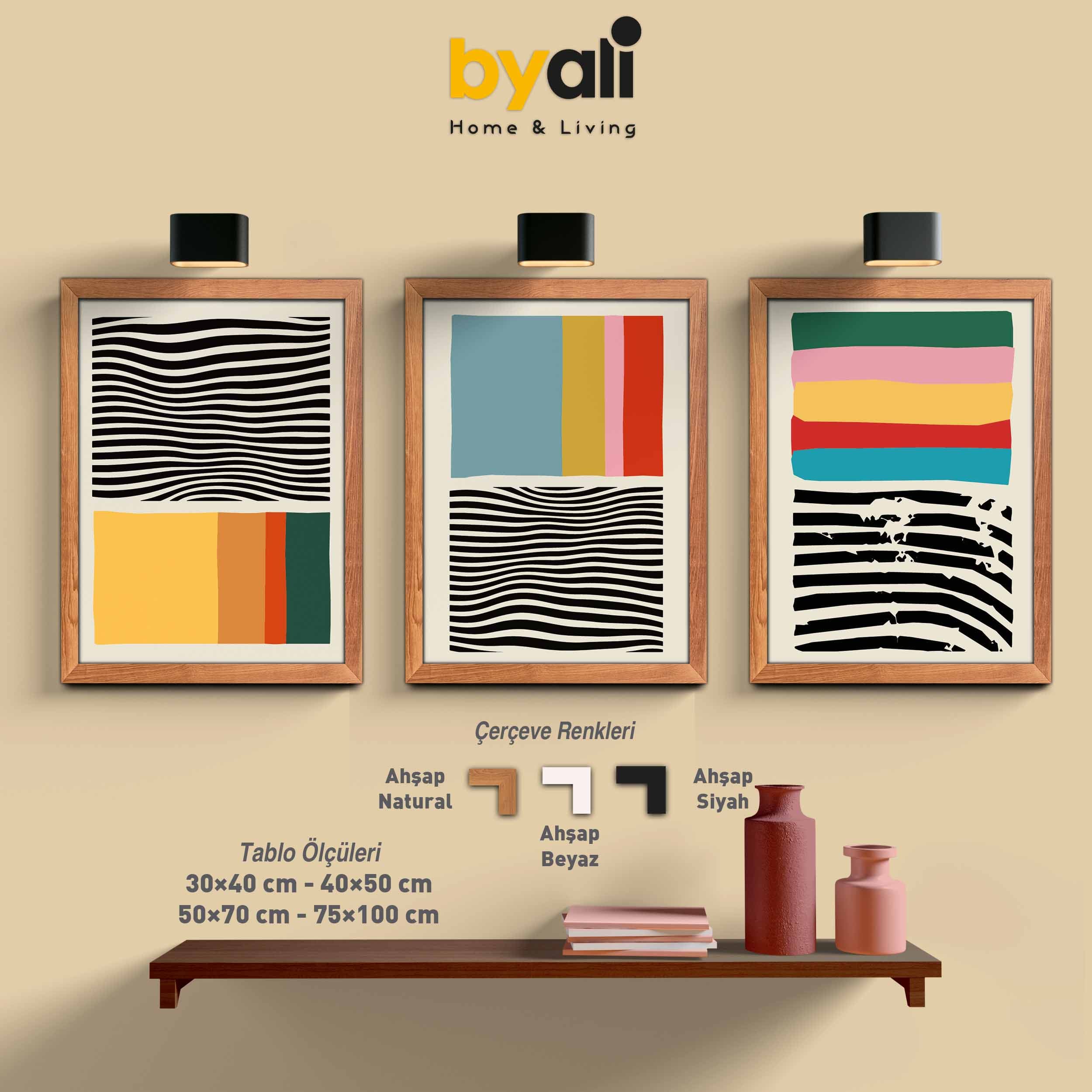 Ahşap Çerçeveli Mid-Century 3’lü Tablo Seti 3040