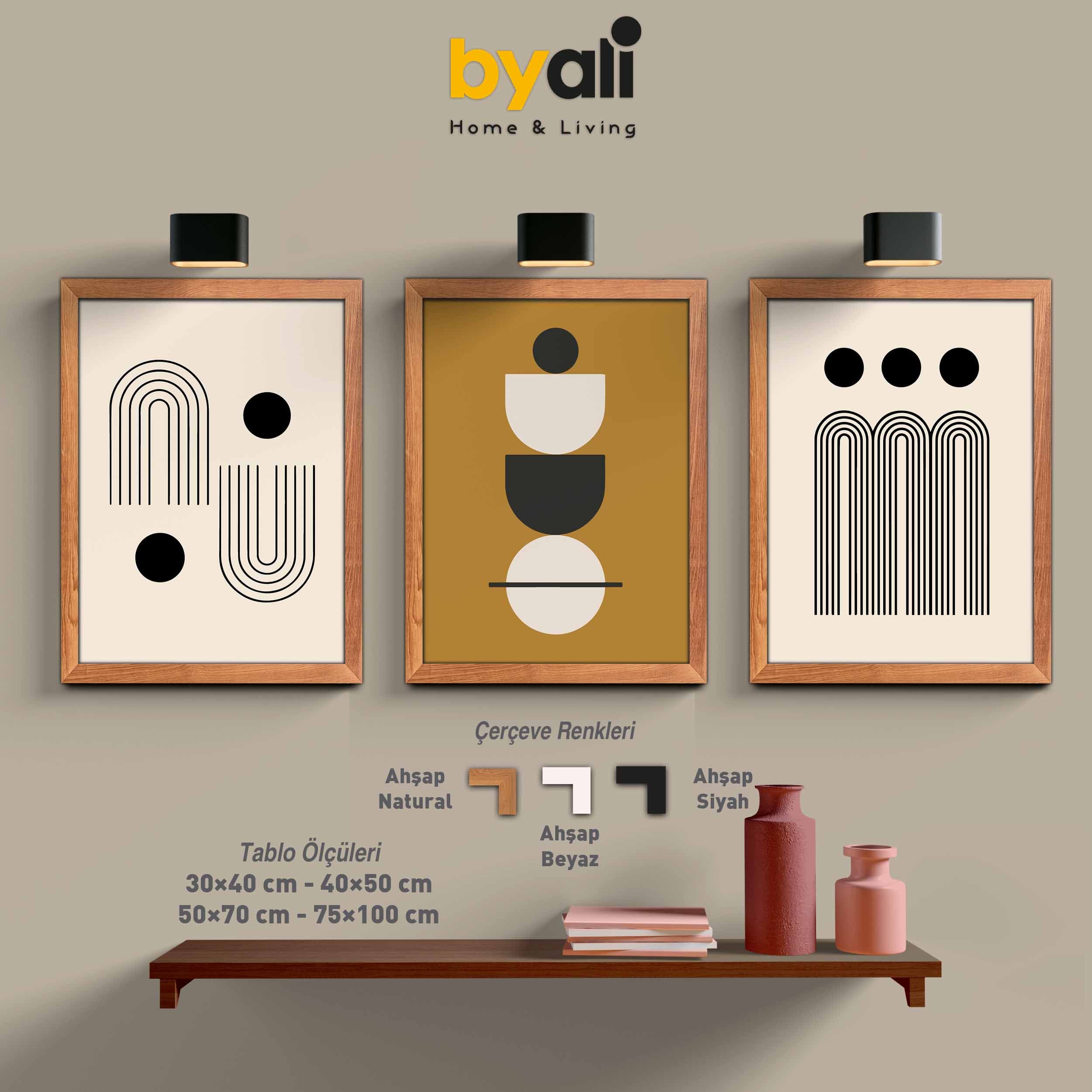 Ahşap Çerçeveli Mid-Century 3’lü Tablo Seti 3054