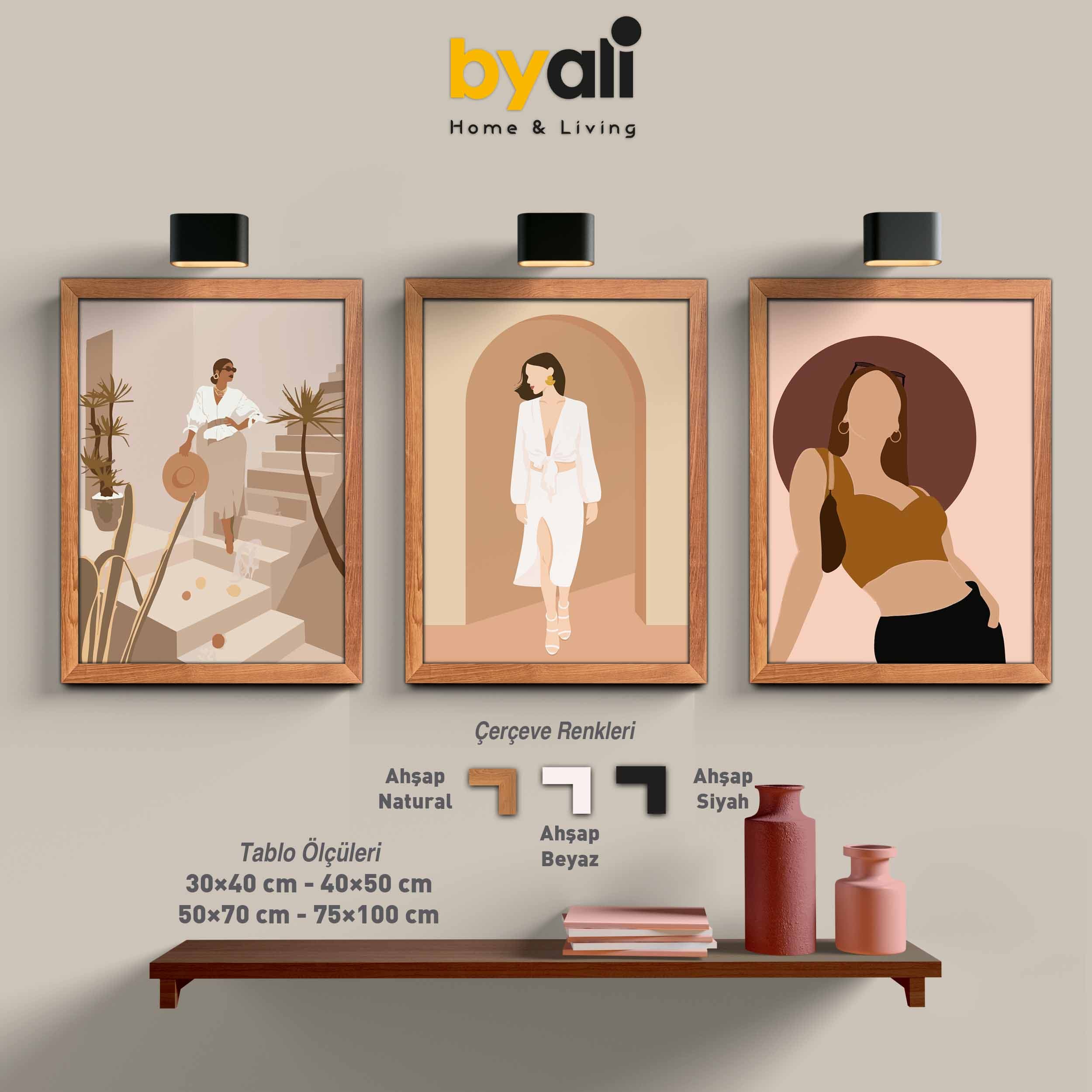 Ahşap Çerçeveli Kadın illustration 3’lü Tablo Seti 3047