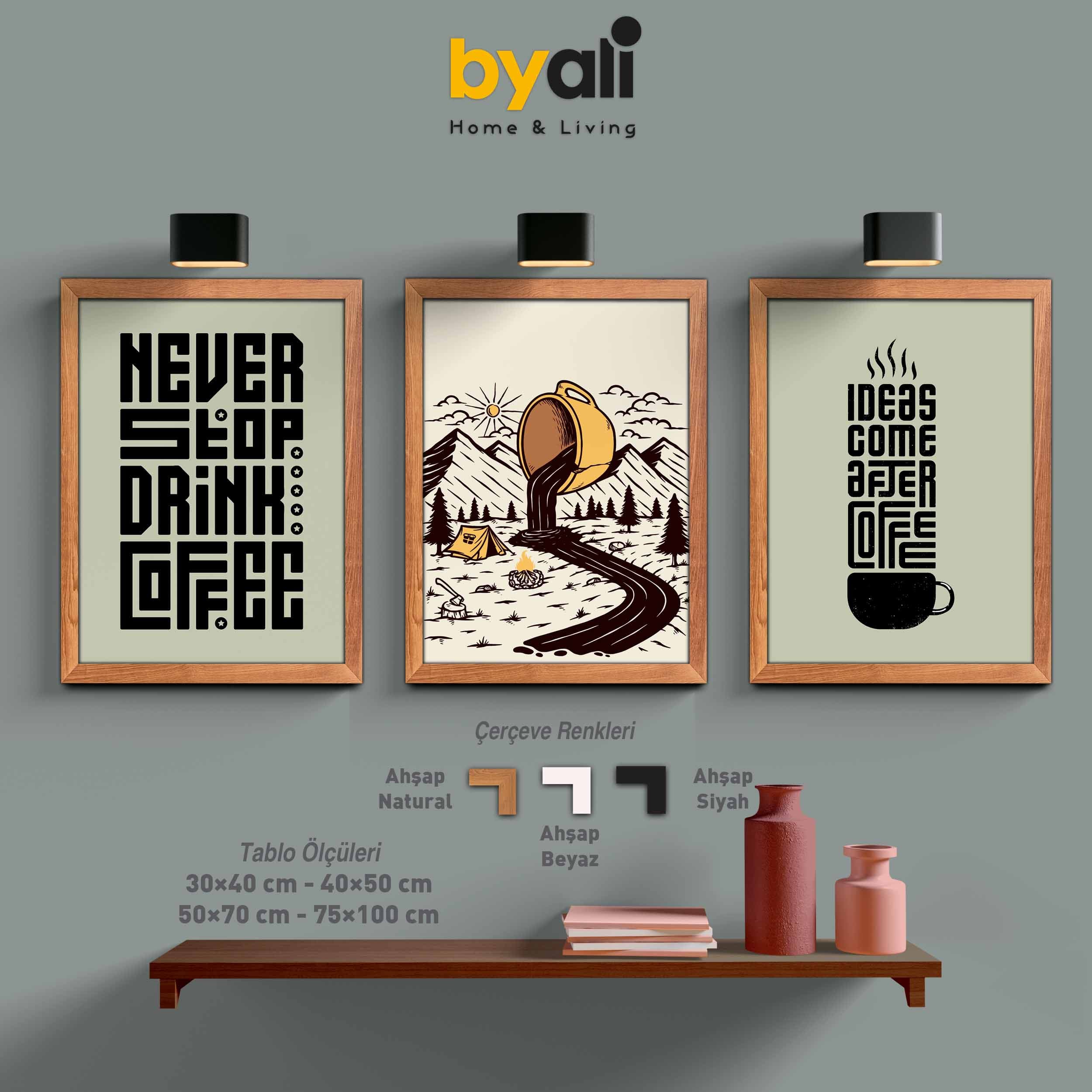 Ahşap Çerçeveli Coffee 3’lü Tablo Seti
