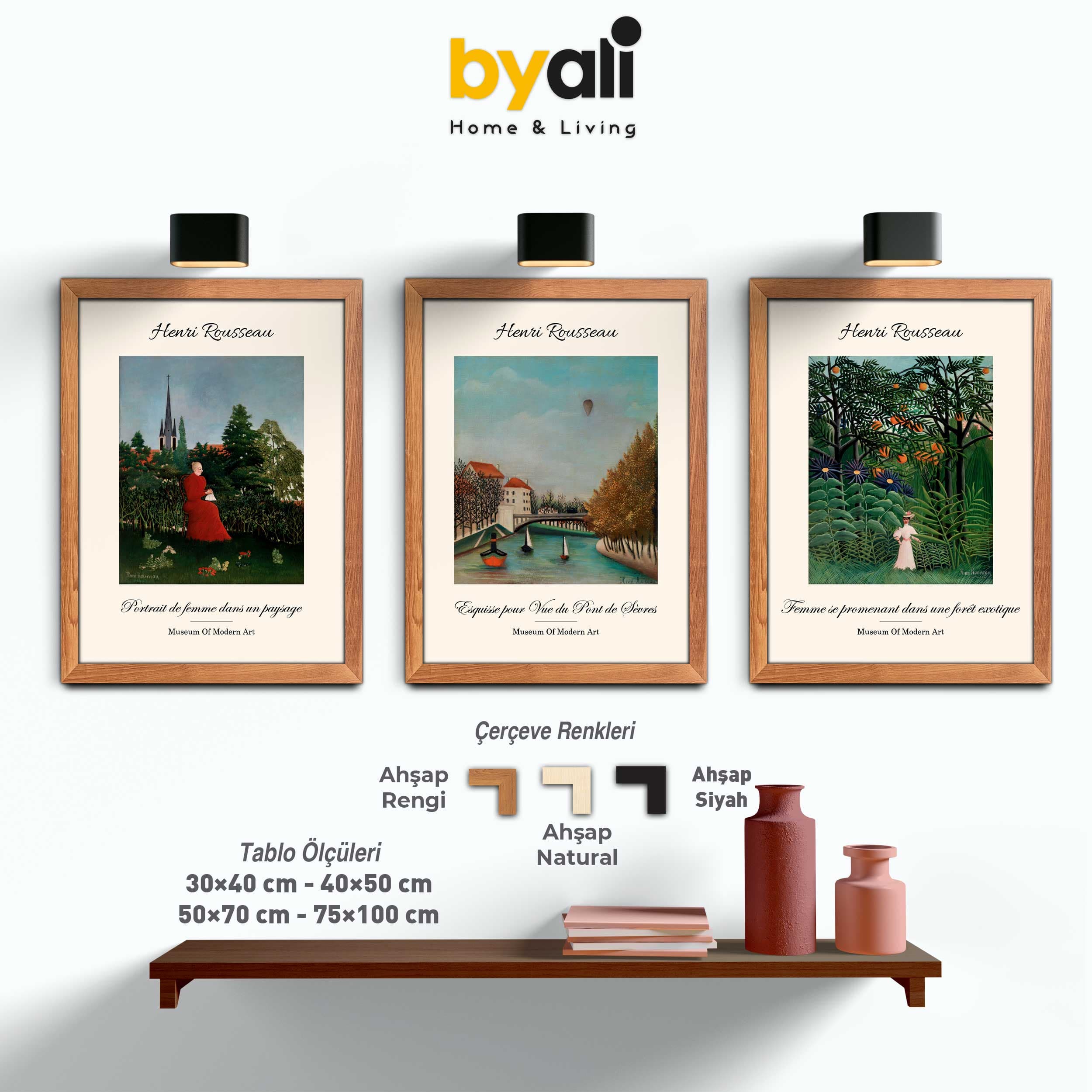 Henri Rousseau Ahşap Çerçeveli 3’lü Tablo Seti 3006