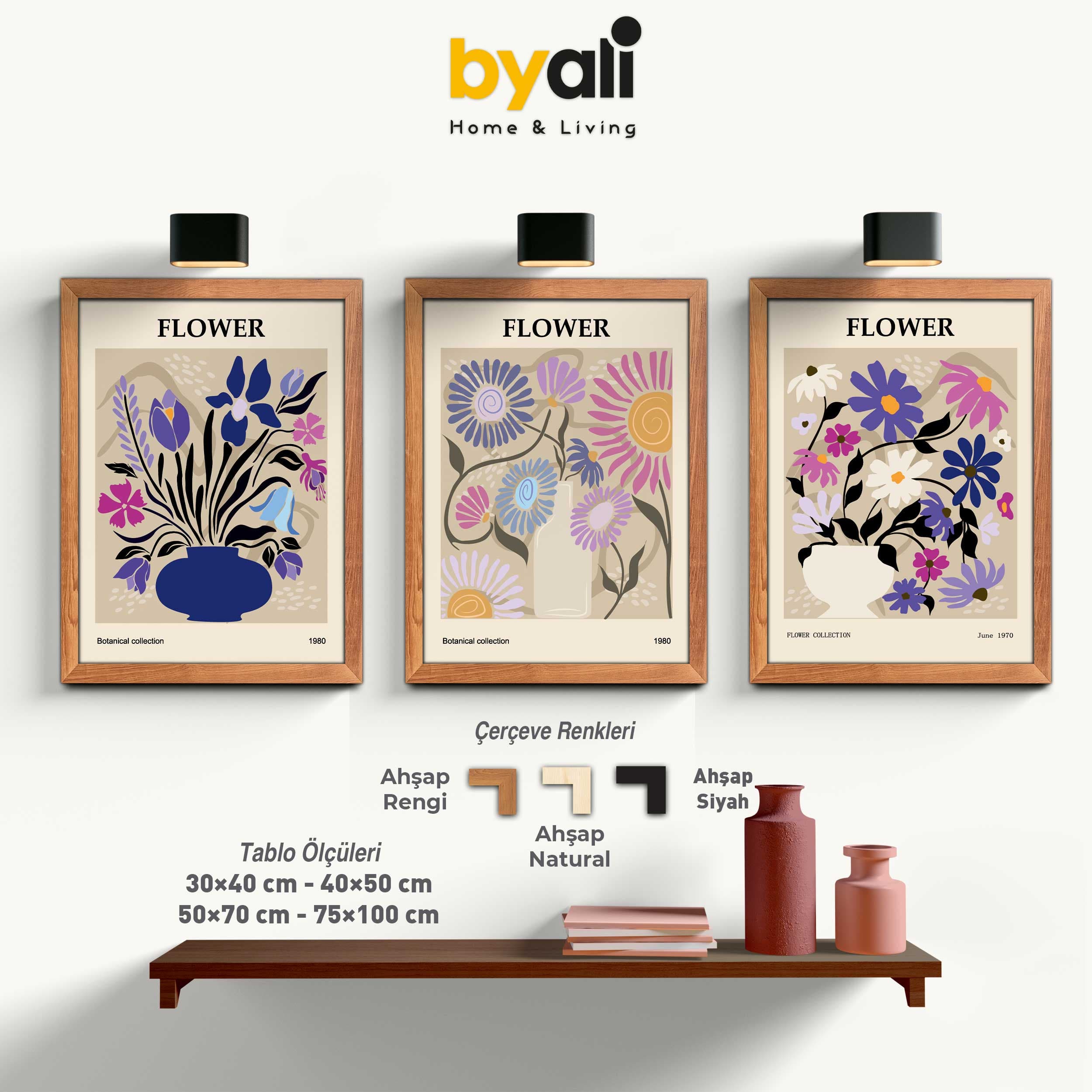 Flower Ahşap Çerçeveli 3’lü Tablo Seti 3335