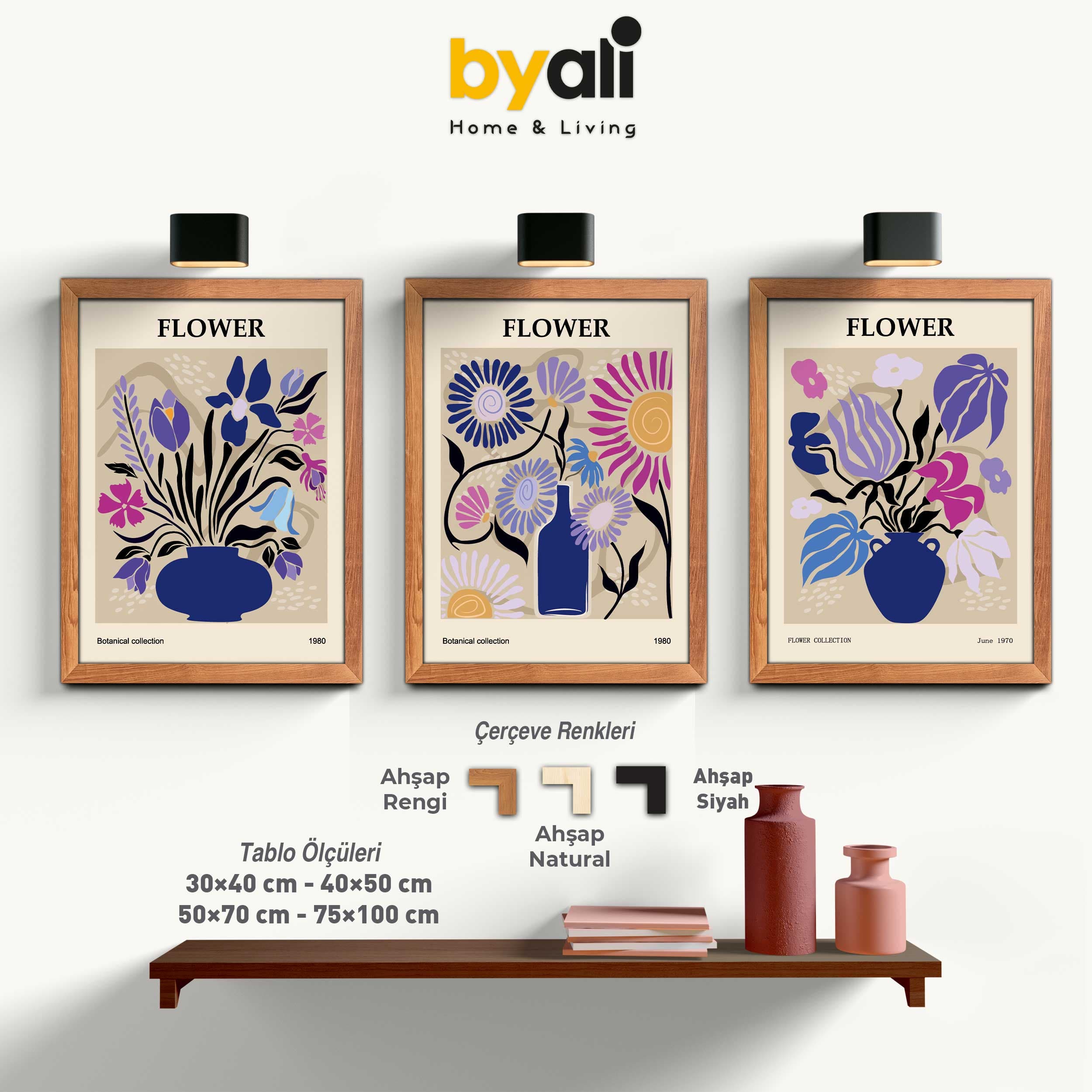Flower Ahşap Çerçeveli 3’lü Tablo Seti 3334