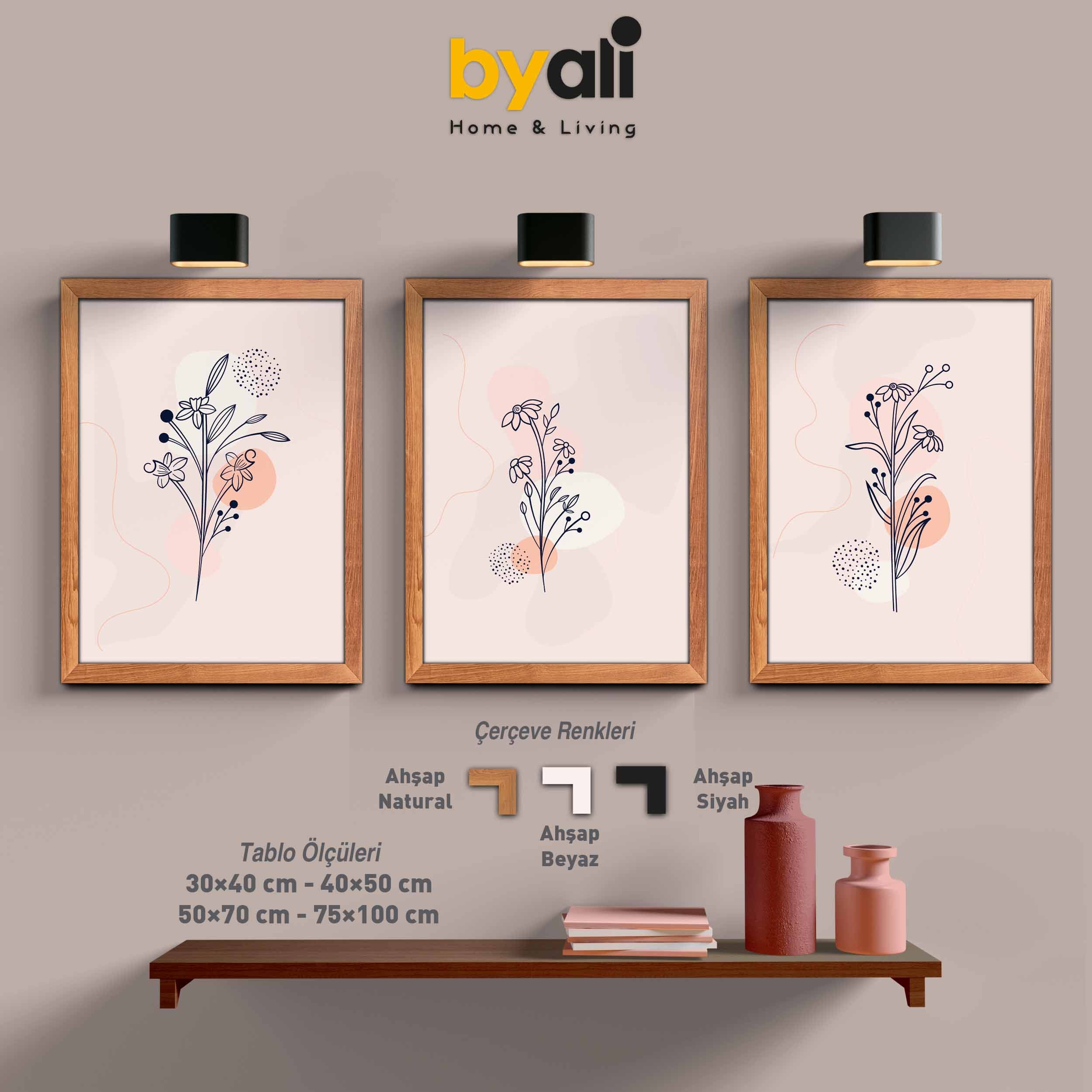Ahşap Çerçeveli Çiçek 3’lü Tablo Seti 3066