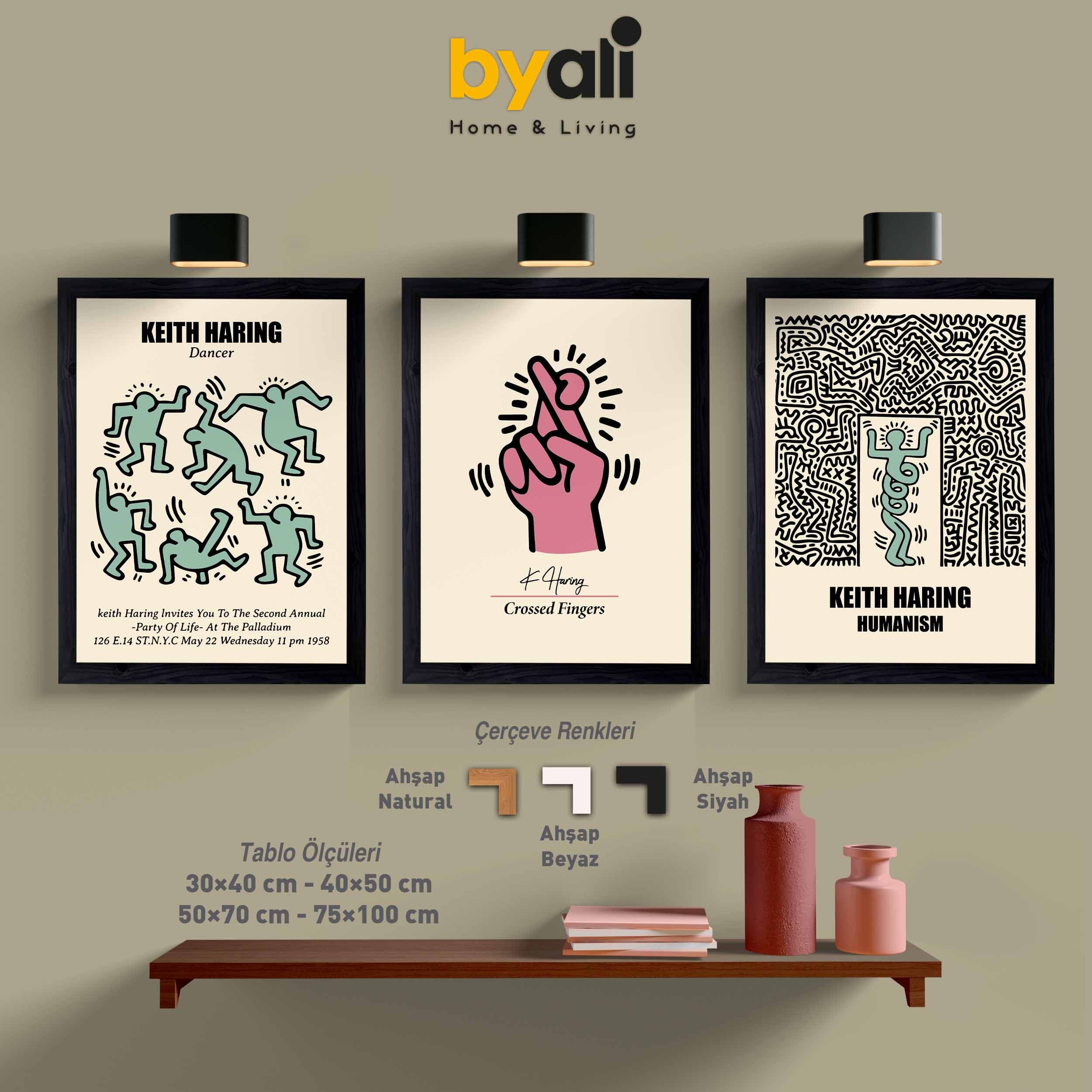 Ahşap Çerçeveli Keith Haring 3’lü Tablo Seti