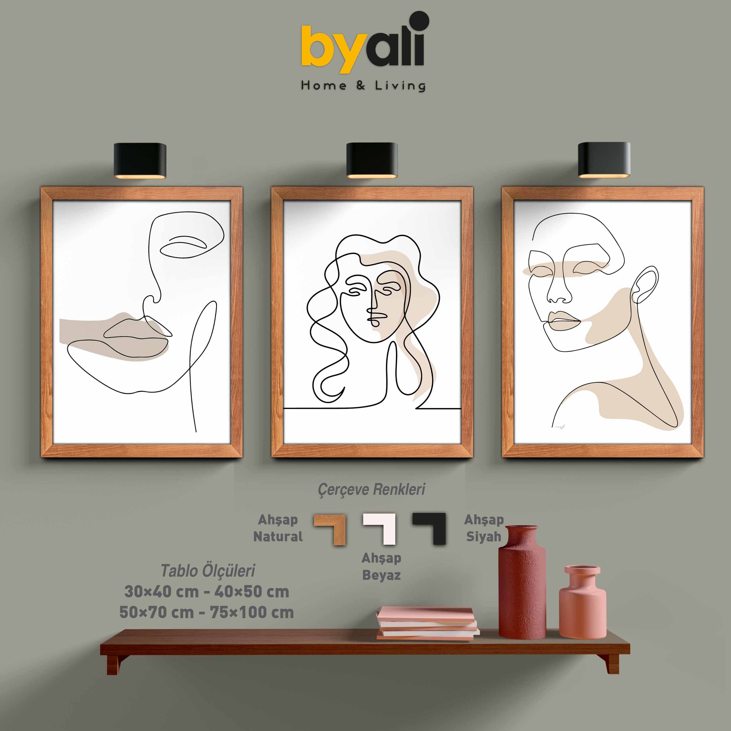 Ahşap Çerçeveli Art line women 3’lü Tablo Seti