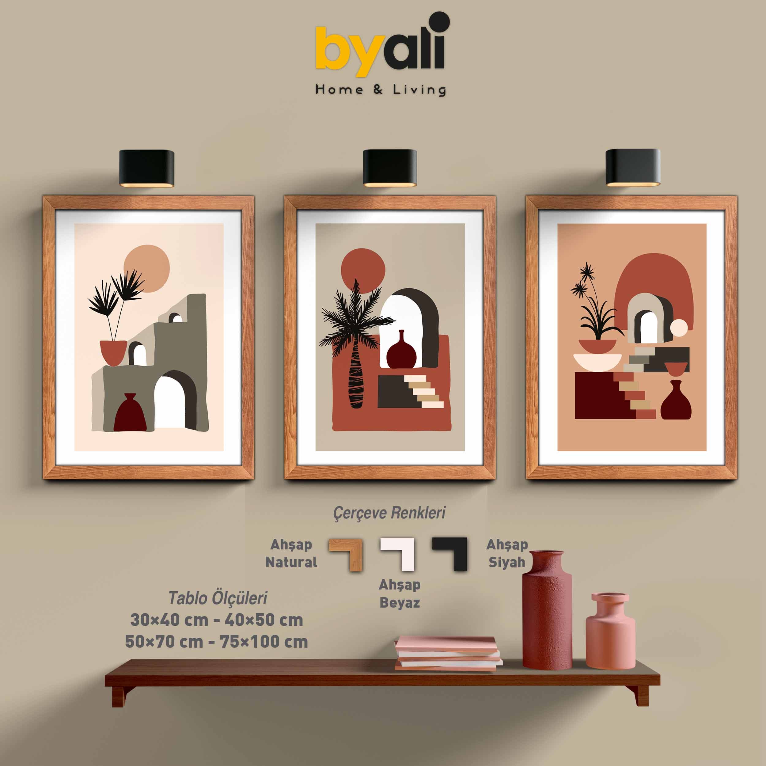 Minimalist Bohem Ahşap Çerçeveli 3’lü Tablo Seti 3151
