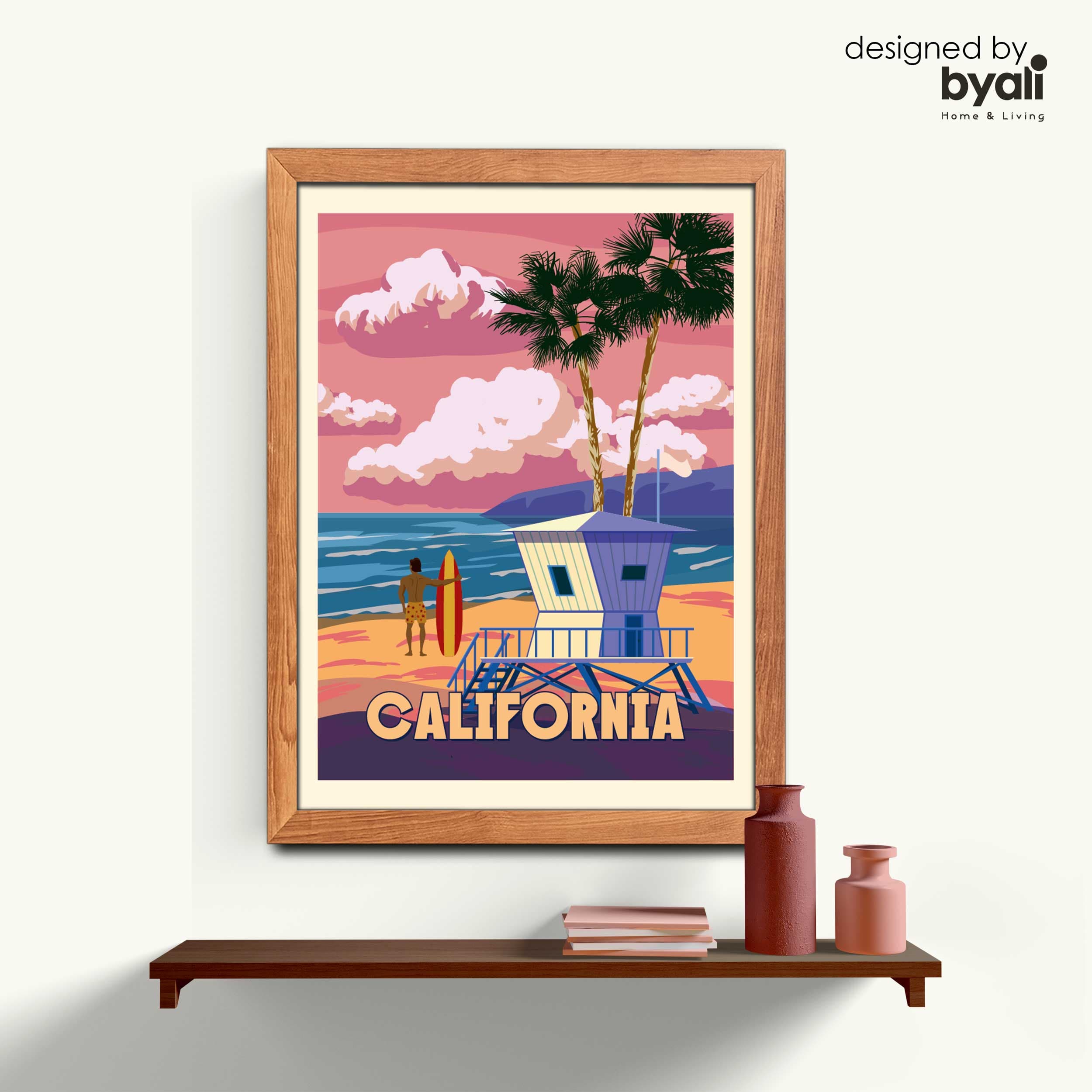 California Retro Şehir Ahşap Çerçeveli Tablo