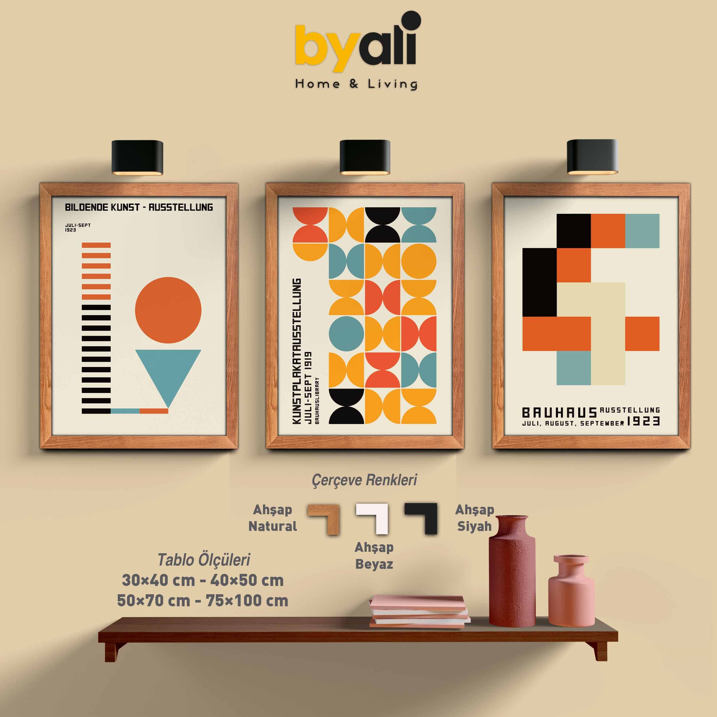 Ahşap Çerçeveli Bauhaus Art 3’lü Tablo Seti