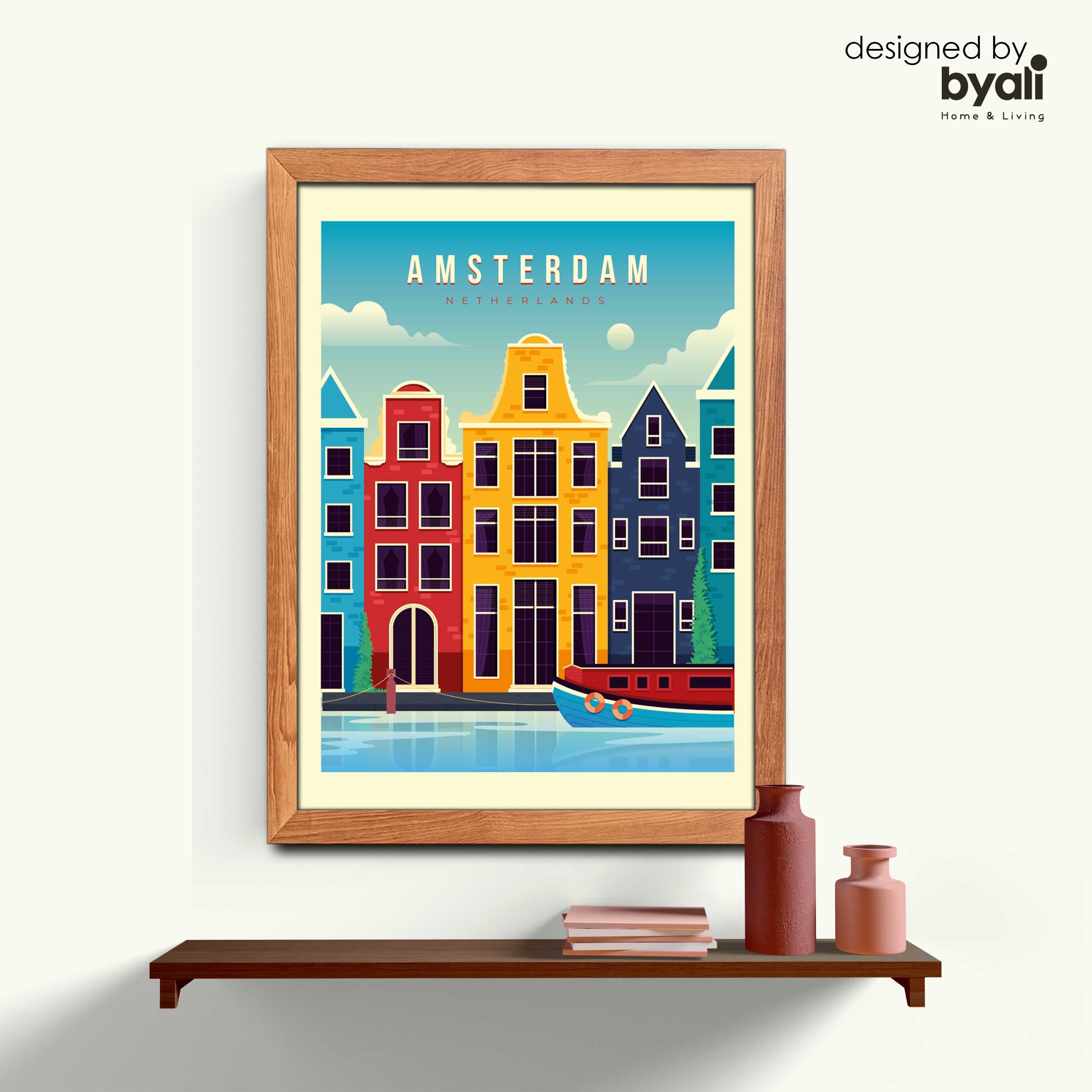 Amsterdam Retro Şehir Ahşap Çerçeveli Tablo