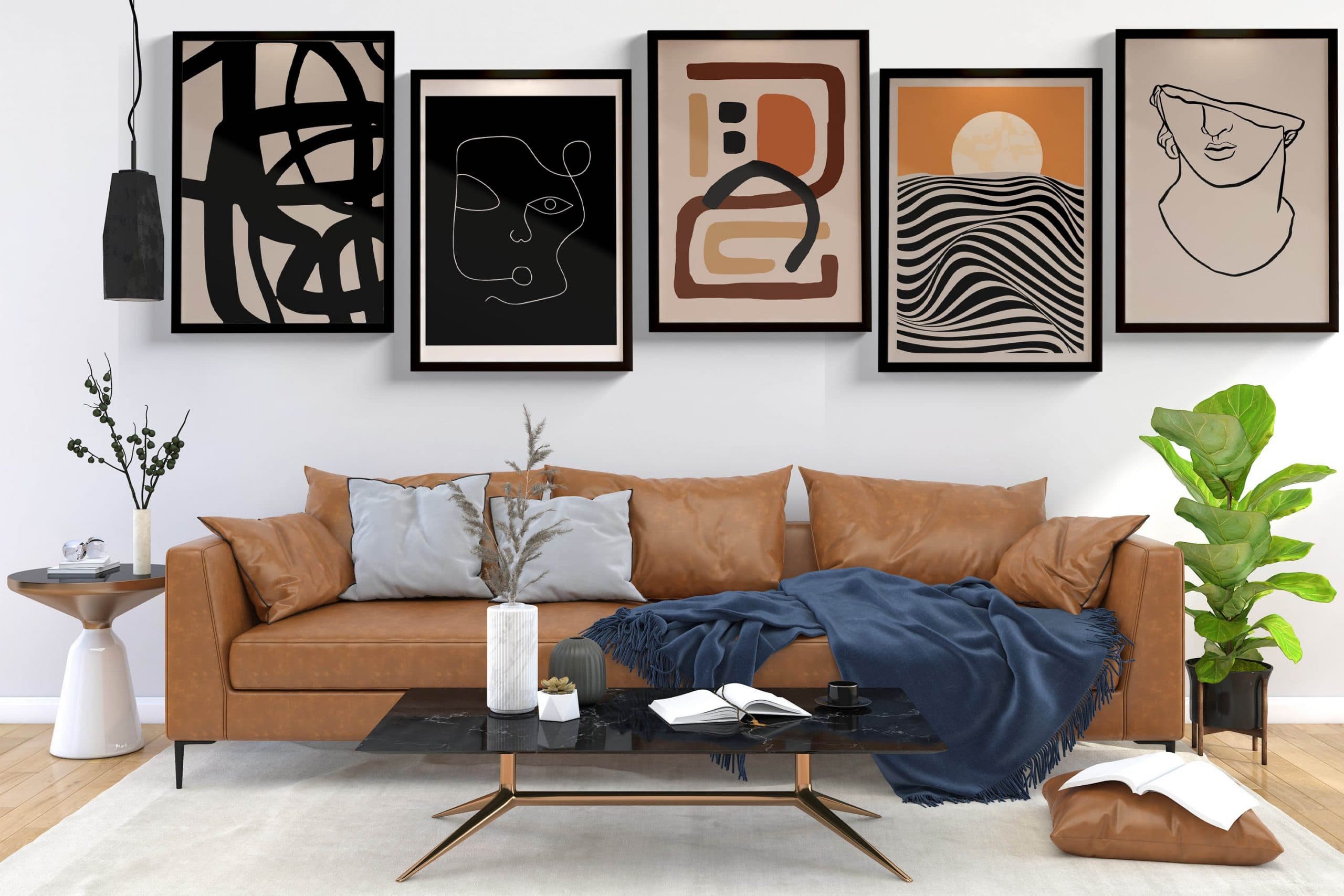 Ahşap Çerçeveli Mid-Century 5’li Tablo Seti