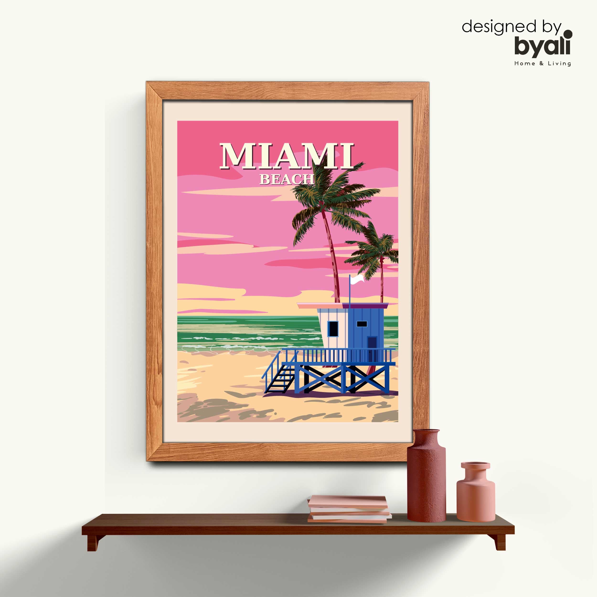 Miami Beach Retro Şehir Ahşap Çerçeveli Tablo