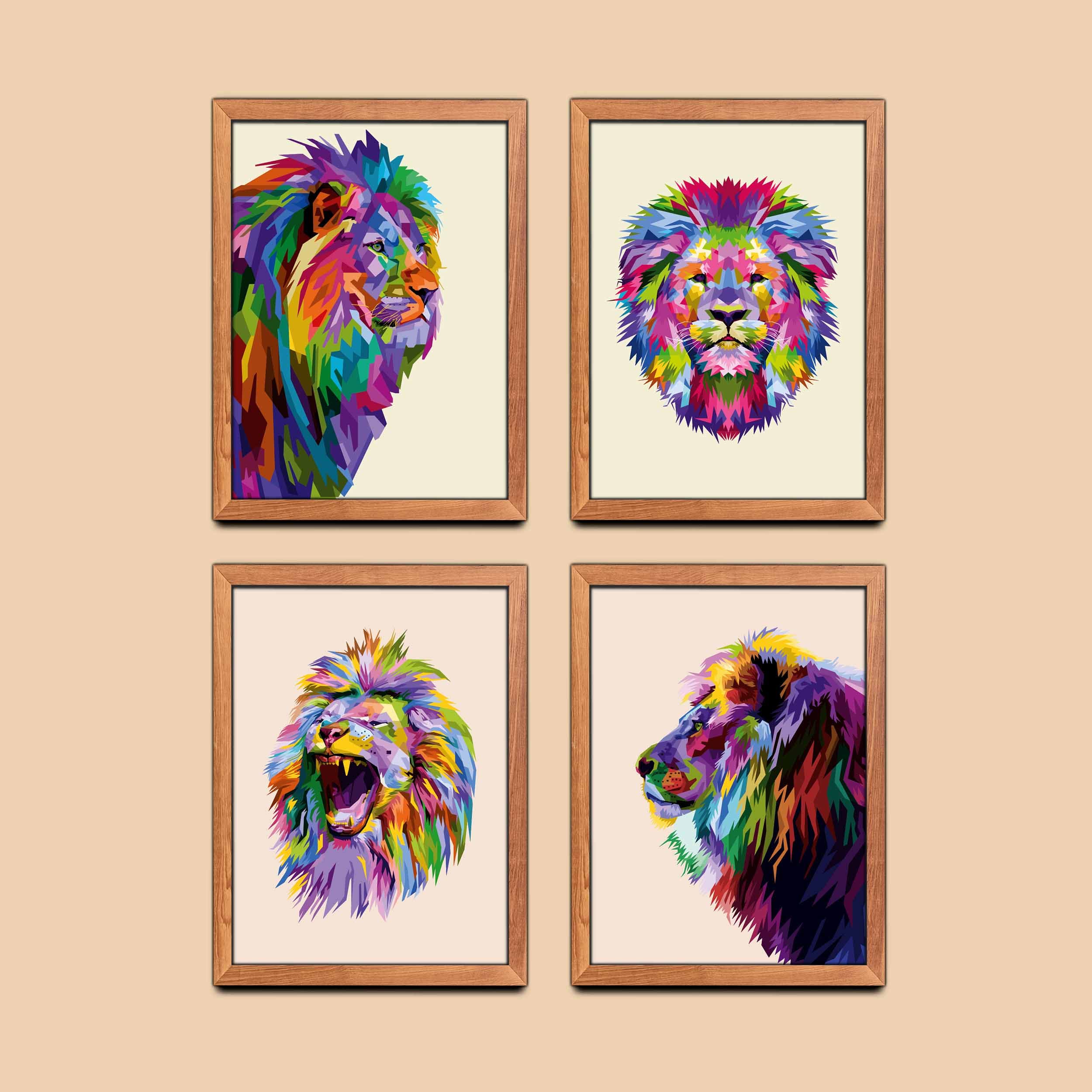 Ahşap Çerçeveli colorful lion head 4’lü Tablo Seti
