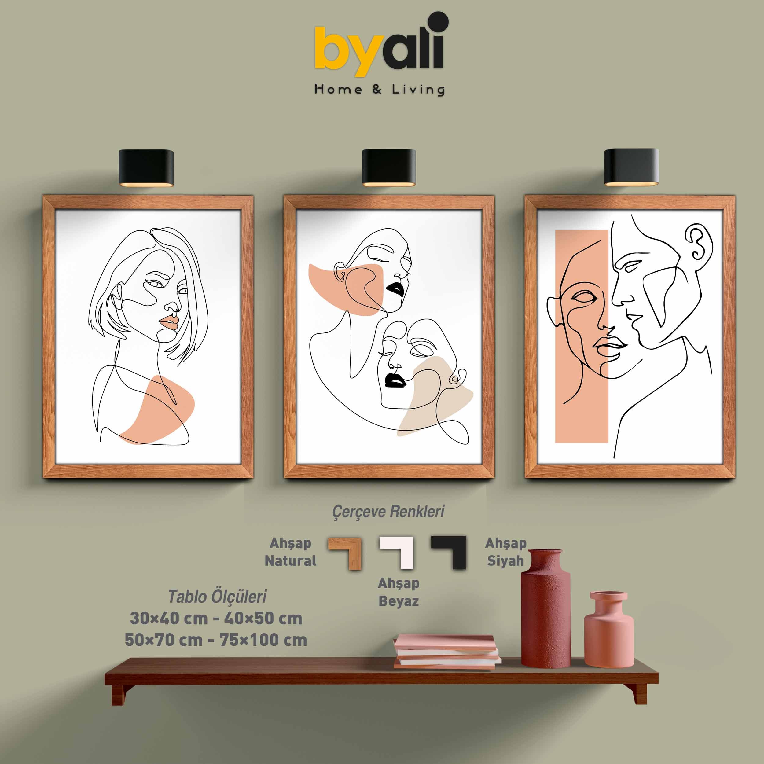 Ahşap Çerçeveli Art line Face 3’lü Tablo Seti