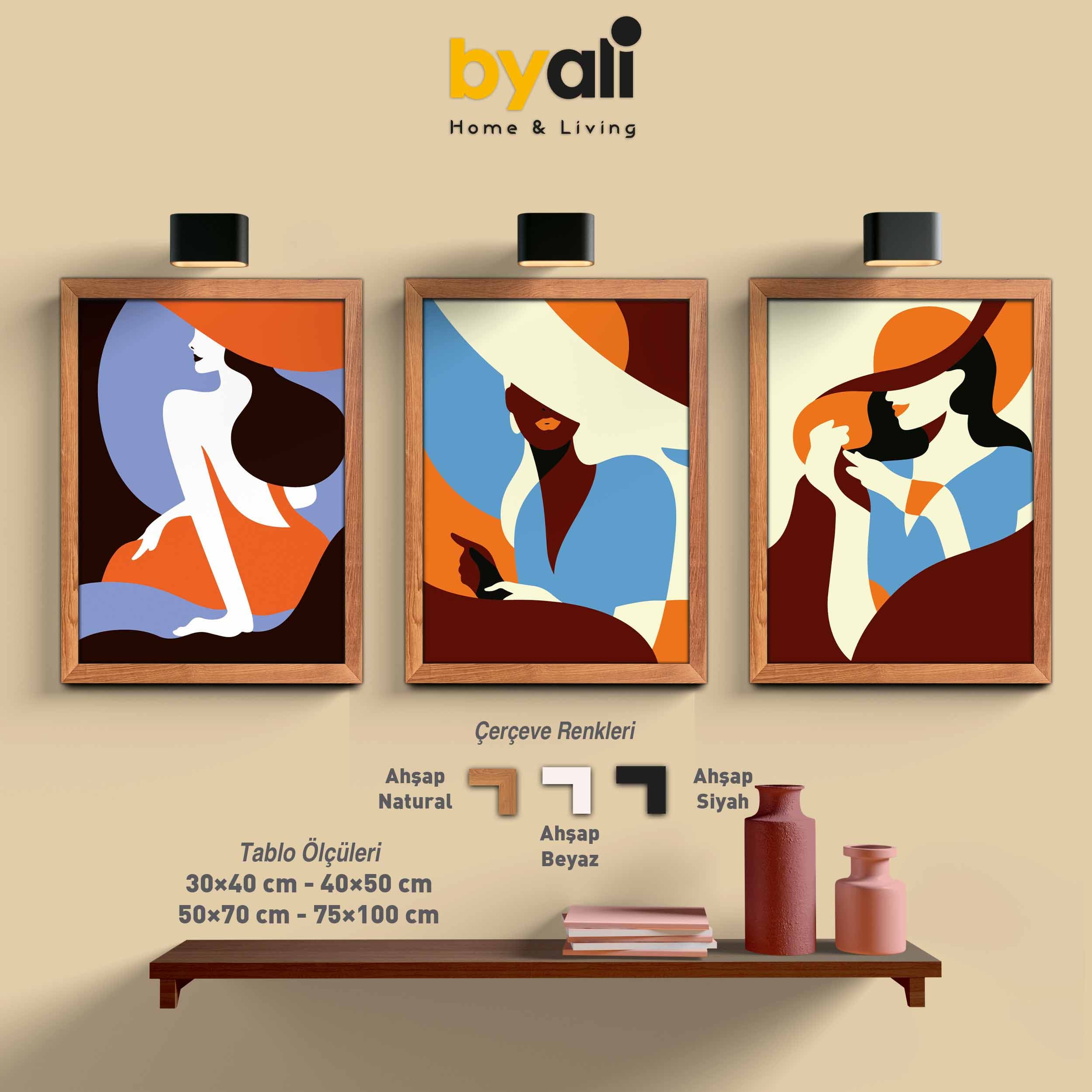 Ahşap Çerçeveli Kadın illustration 3’lü Tablo Seti 3031