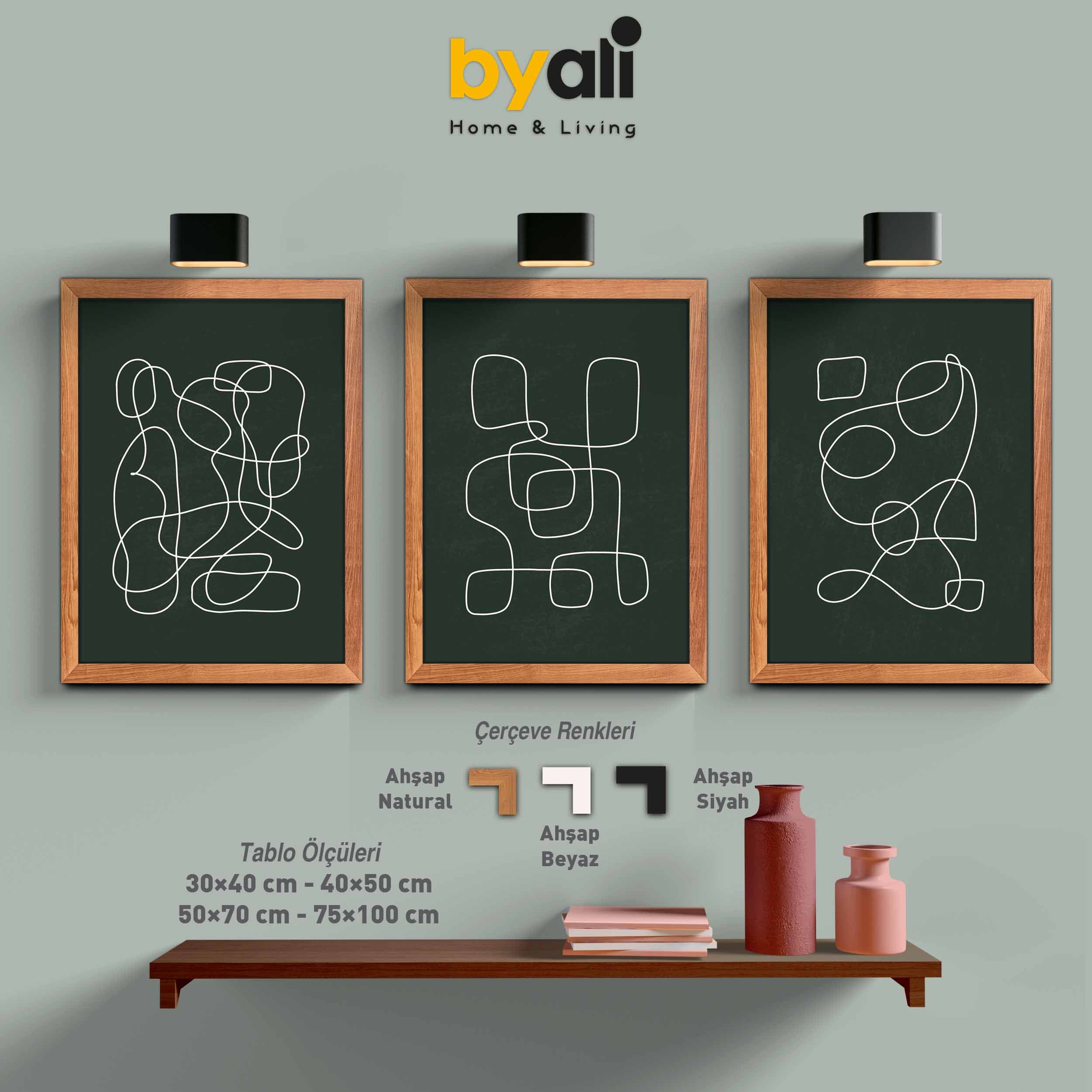 Ahşap Çerçeveli Geometrik Minimalist 3’lü Tablo Seti
