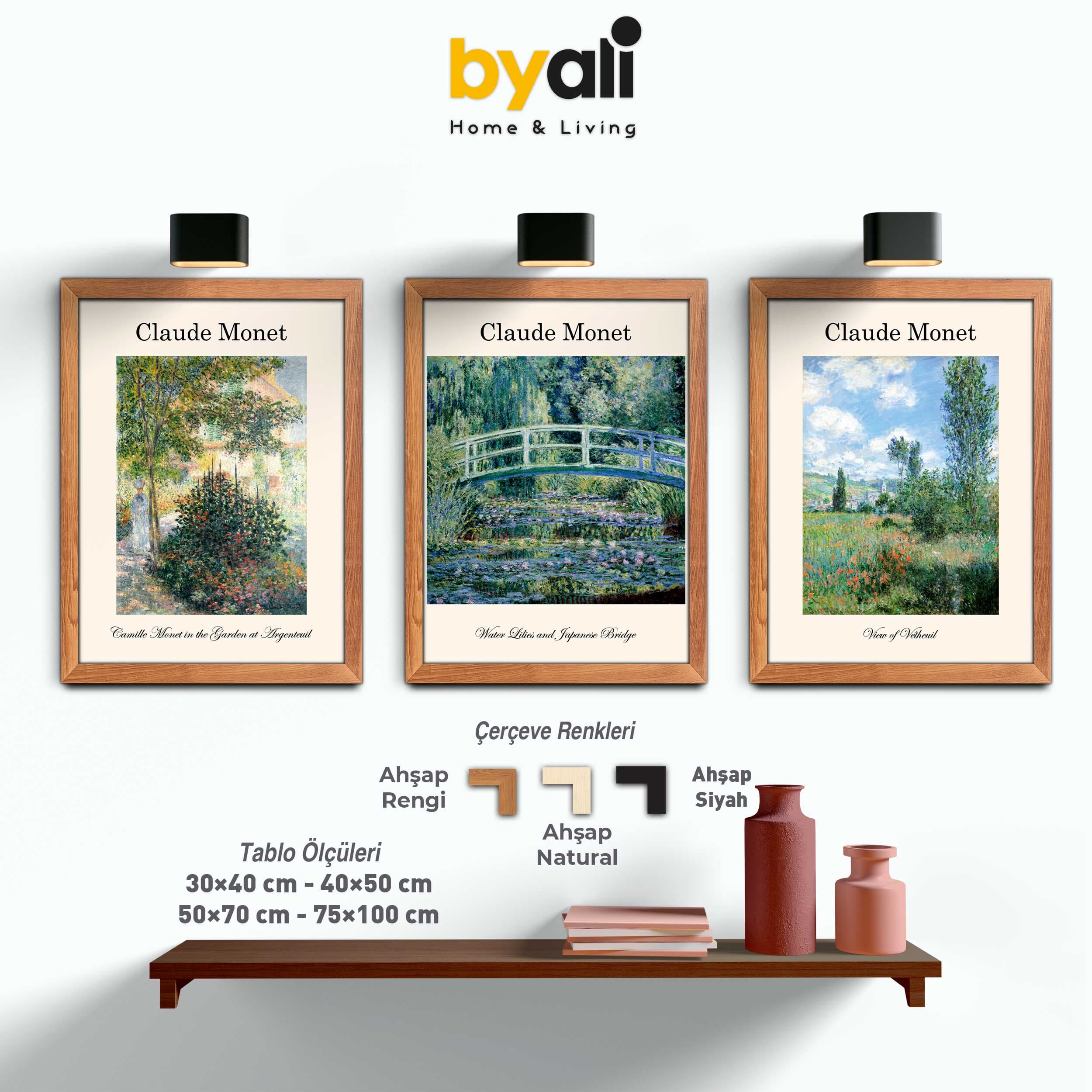 Claude Monet Ahşap Çerçeveli 3’lü Tablo Seti 3010