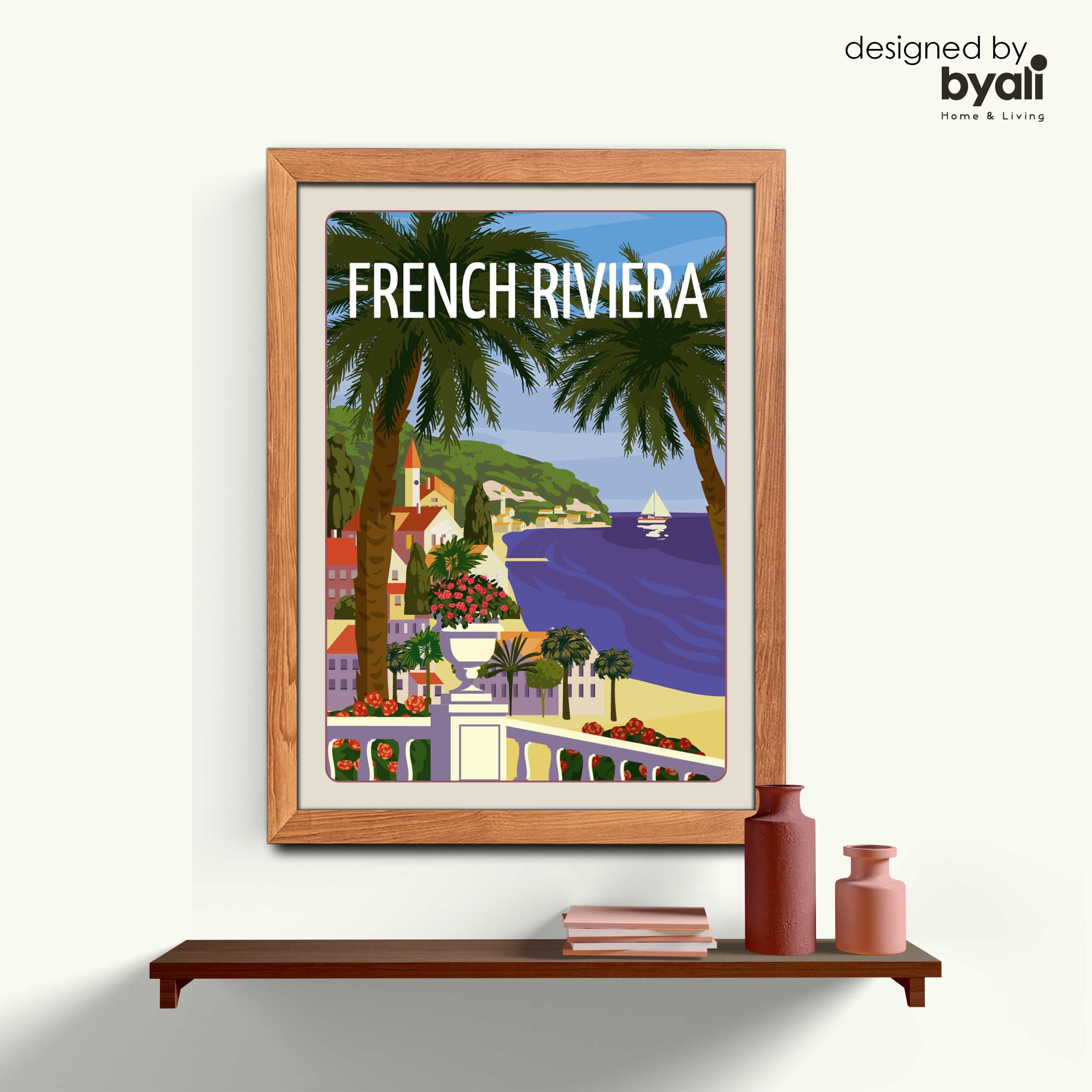French Riviera Retro Şehir Ahşap Çerçeveli Tablo