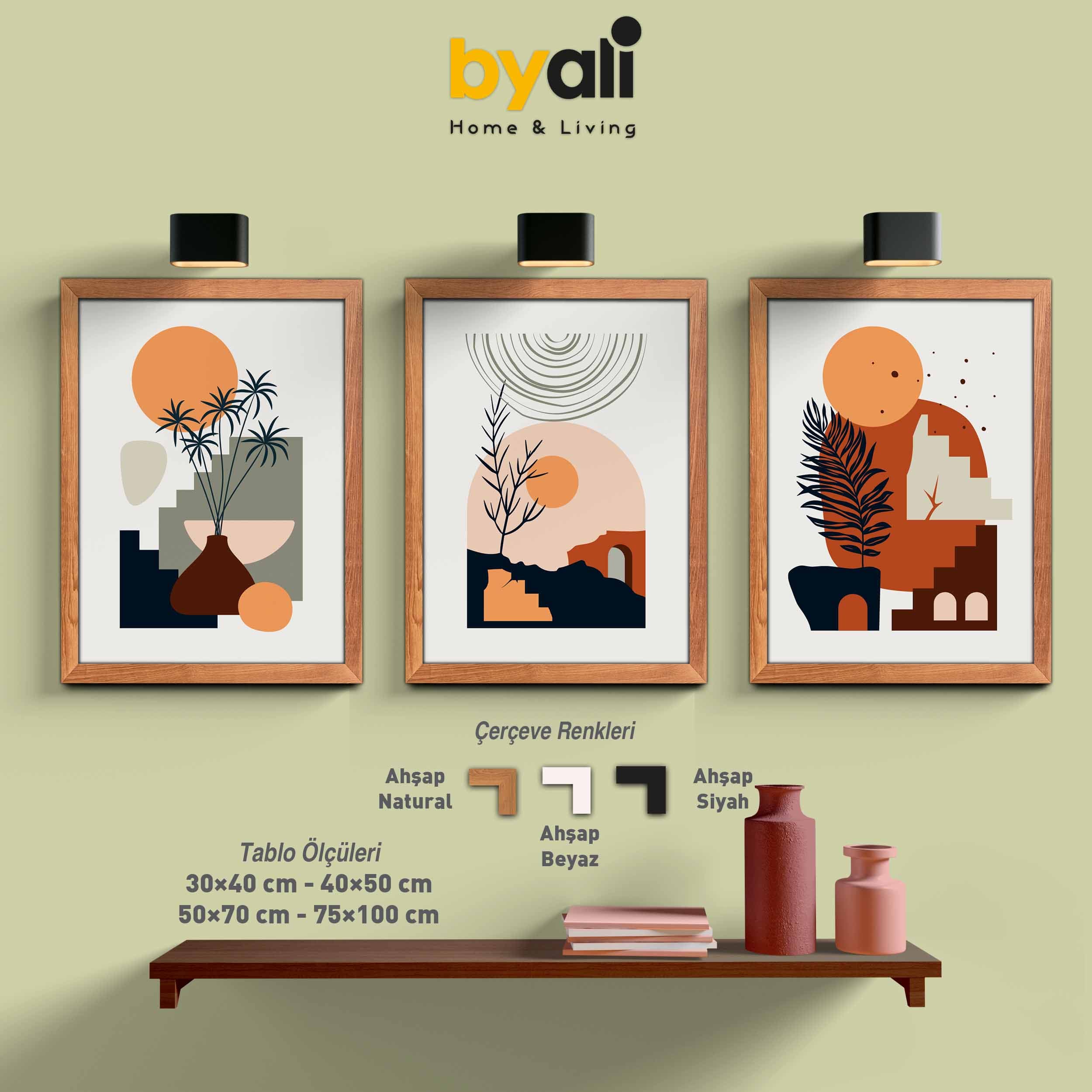 Minimalist Bohem Ahşap Çerçeveli 3’lü Tablo Seti 3150