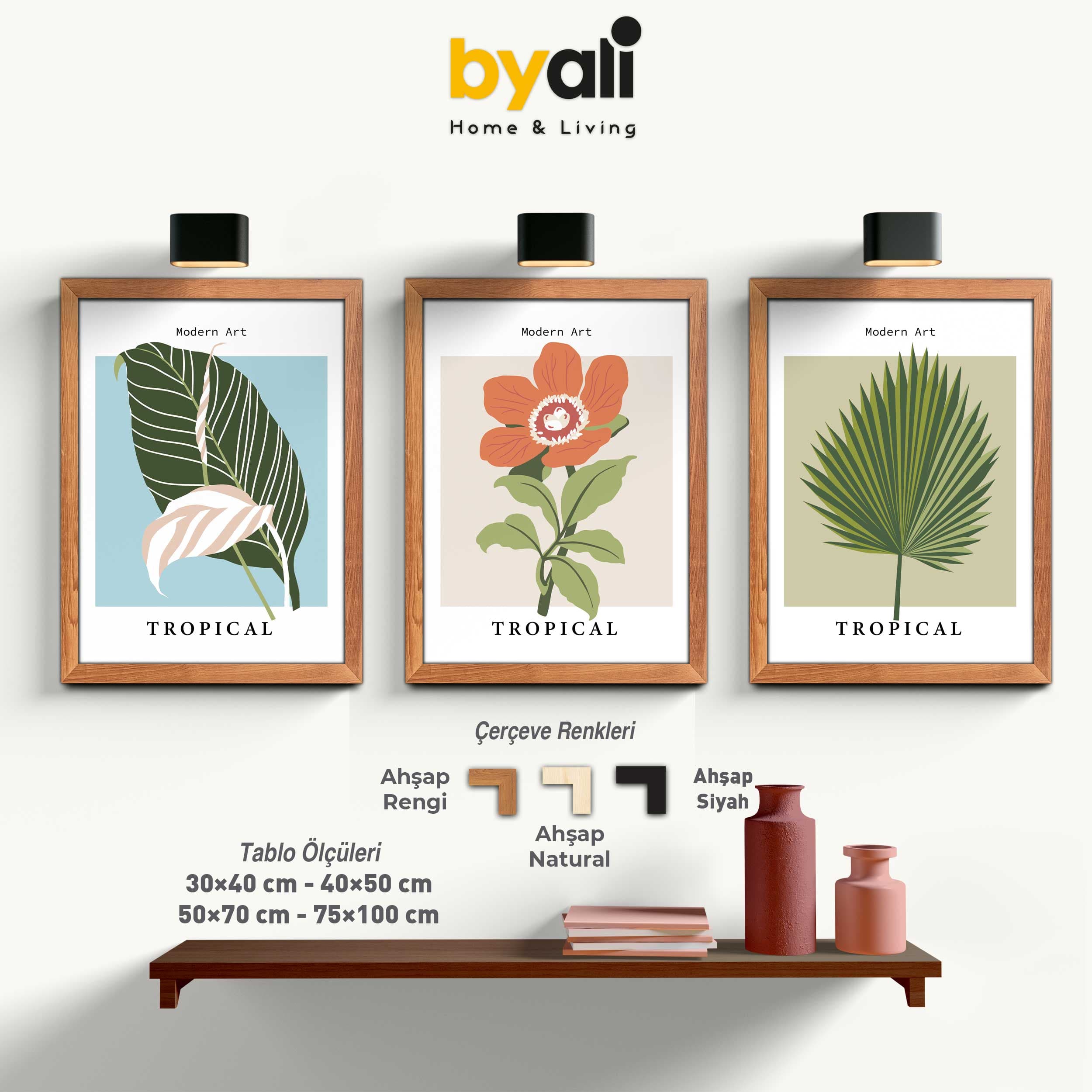 Tropikal Modern Art Ahşap Çerçeveli 3’lü Tablo Seti 3343