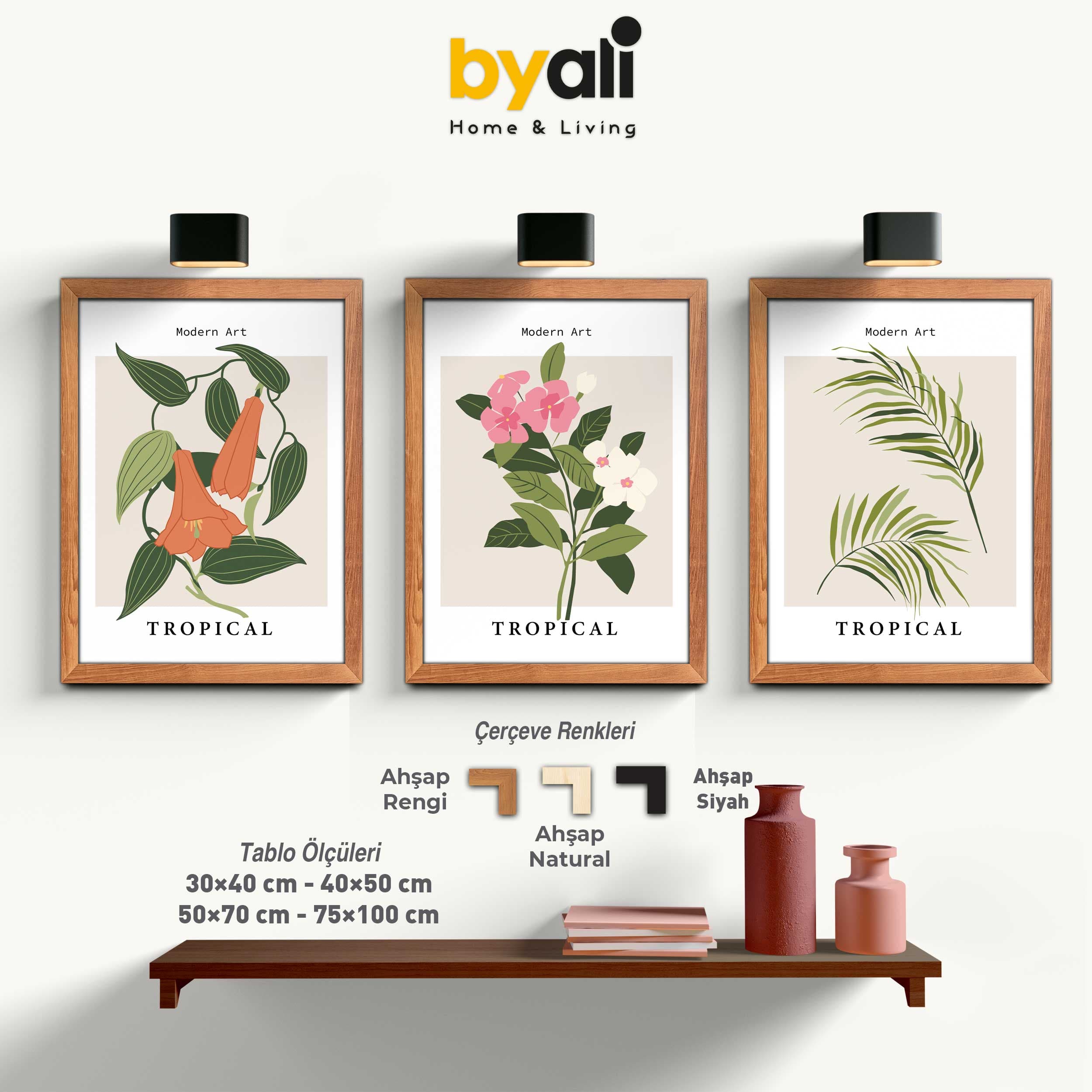 Tropikal Modern Art Ahşap Çerçeveli 3’lü Tablo Seti 3344