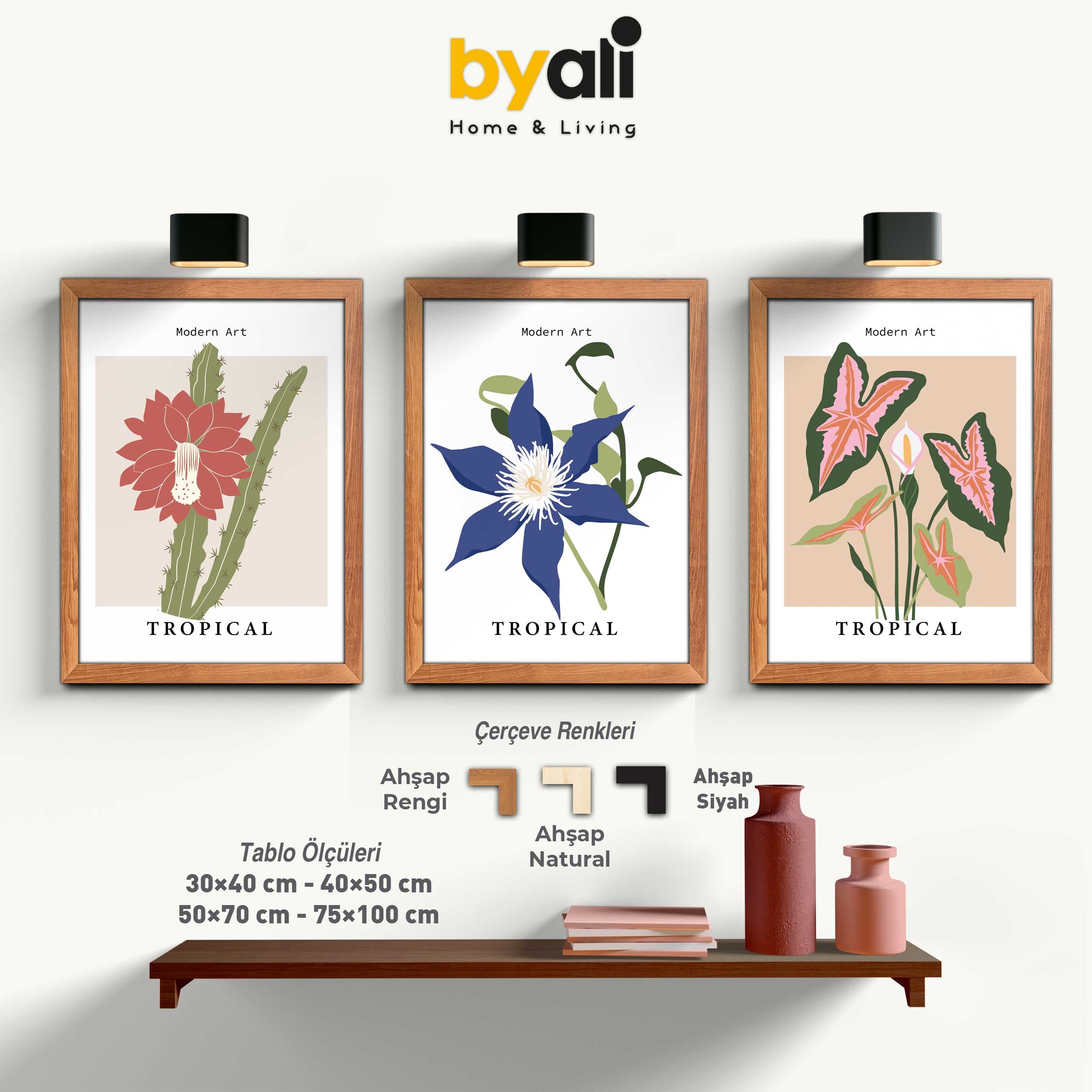 Tropikal Modern Art Ahşap Çerçeveli 3’lü Tablo Seti 3345