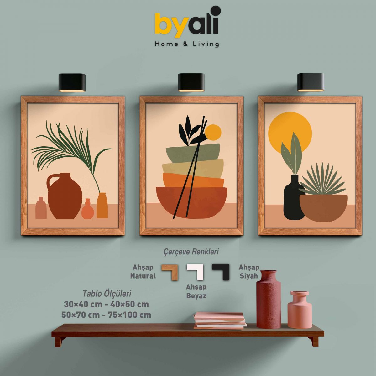 Ahşap Çerçeveli Boho 3’lü Tablo Seti