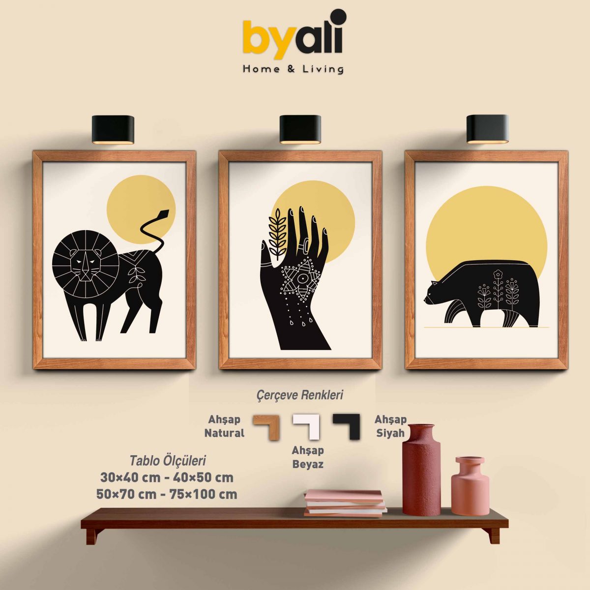 Ahşap Çerçeveli Geometric Sarı 3’lü Tablo Seti 3027