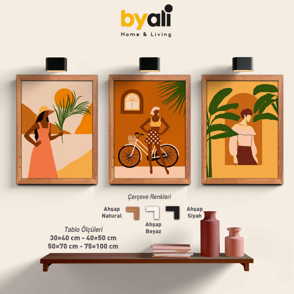 Ahşap Çerçeveli Boho 3’lü Tablo Seti