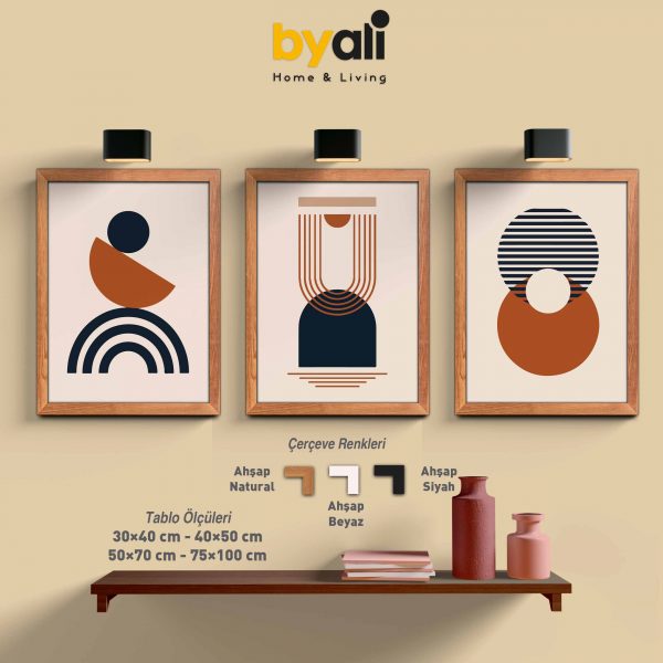 Ahşap Çerçeveli Mid century 3’lü Tablo Seti 3039