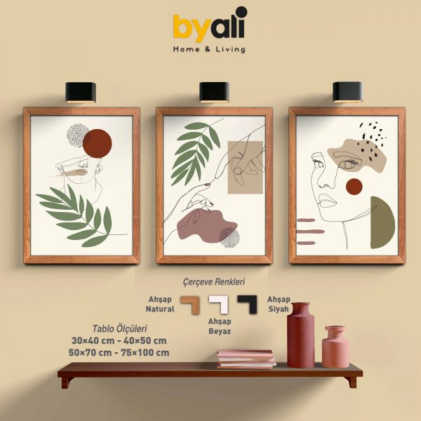Ahşap Çerçeveli Minimalist 3’lü Tablo Seti 3041