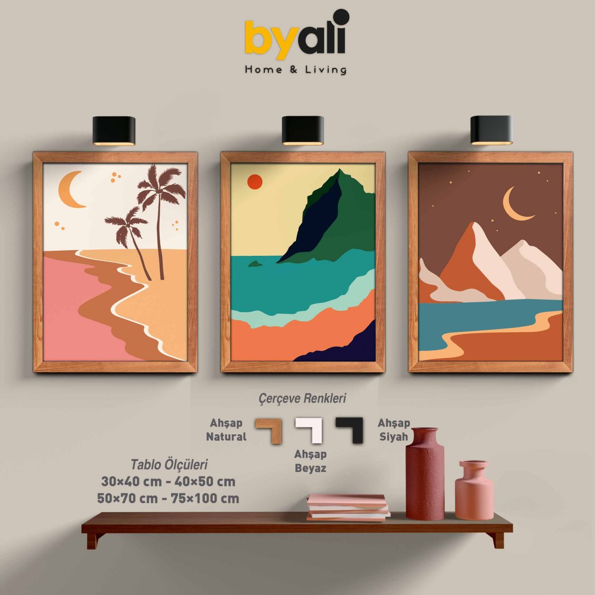 Ahşap Çerçeveli Boho 3’lü Tablo Seti 3044