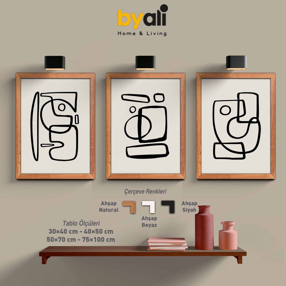 Ahşap Çerçeveli Bohem Modern 3’lü Tablo Seti