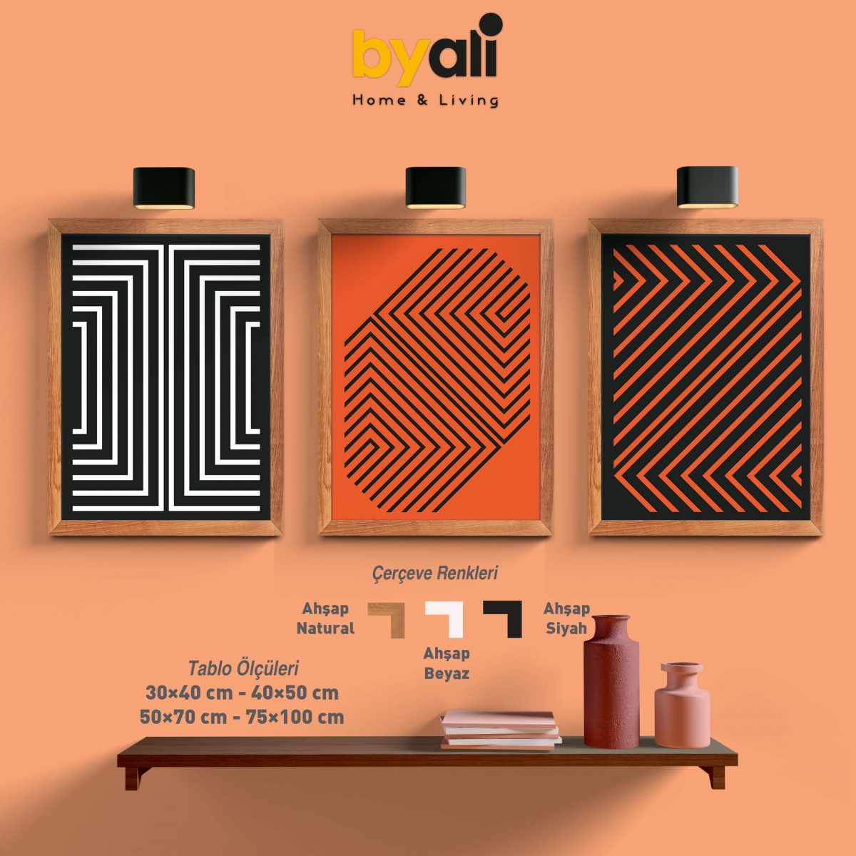 Ahşap Çerçeveli Mid-Century Modern 3'lü Tablo Seti