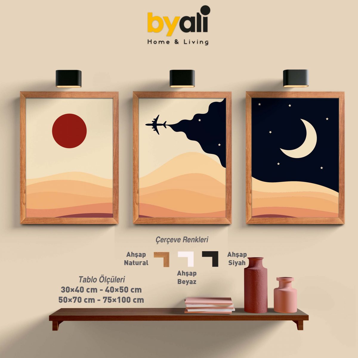 Ahşap Çerçeveli boho wall art 3'lü Tablo Seti