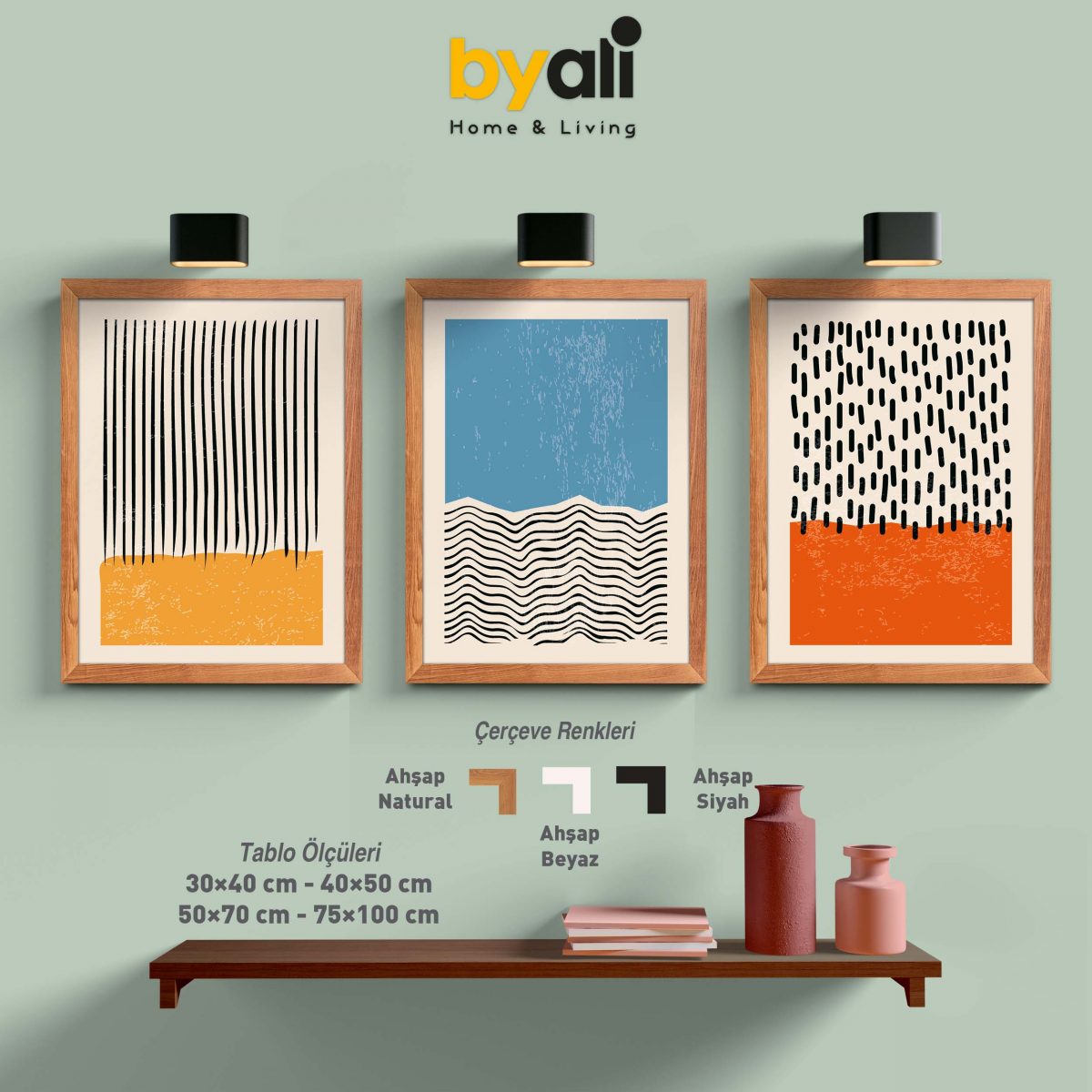 Ahşap Çerçeveli Mid-Century Modern 3'lü Tablo Seti