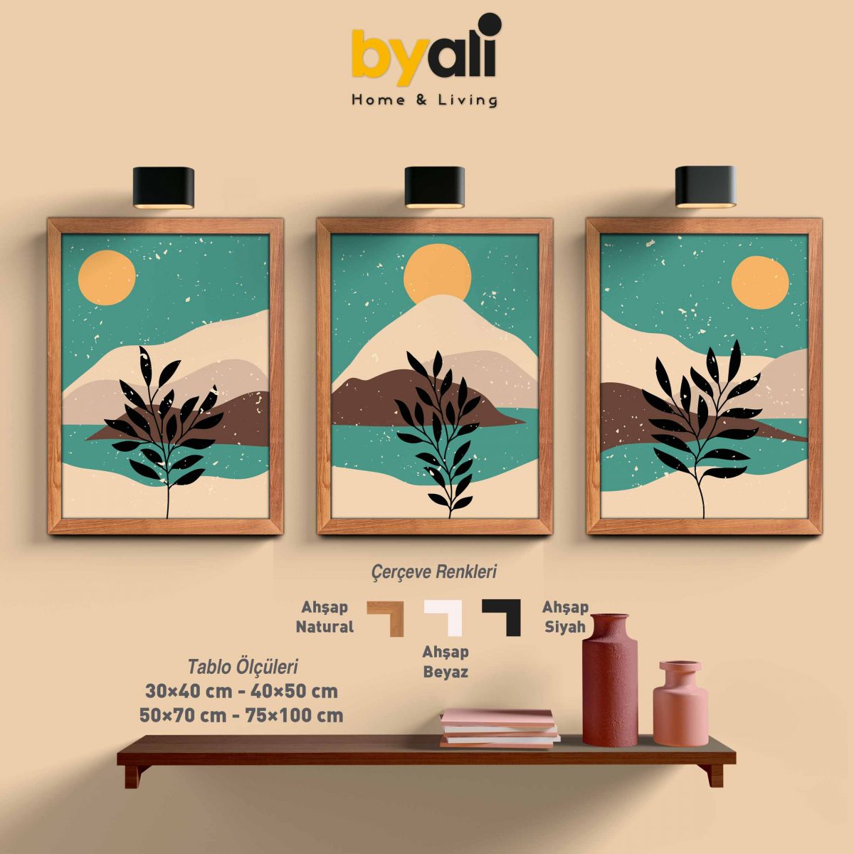 Ahşap Çerçeveli Boho 3’lü Tablo Seti