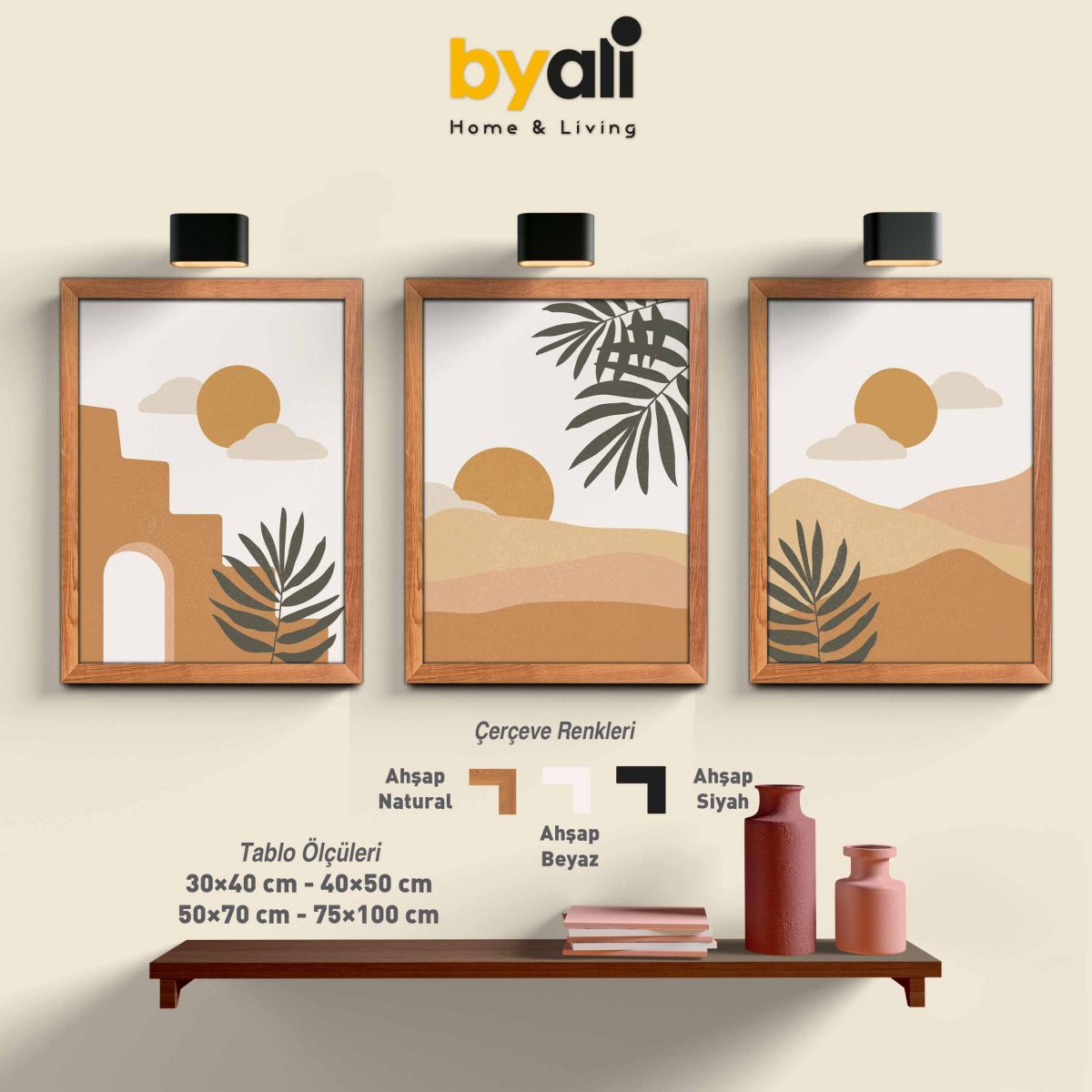 Ahşap Çerçeveli Boho 3’lü Tablo Seti