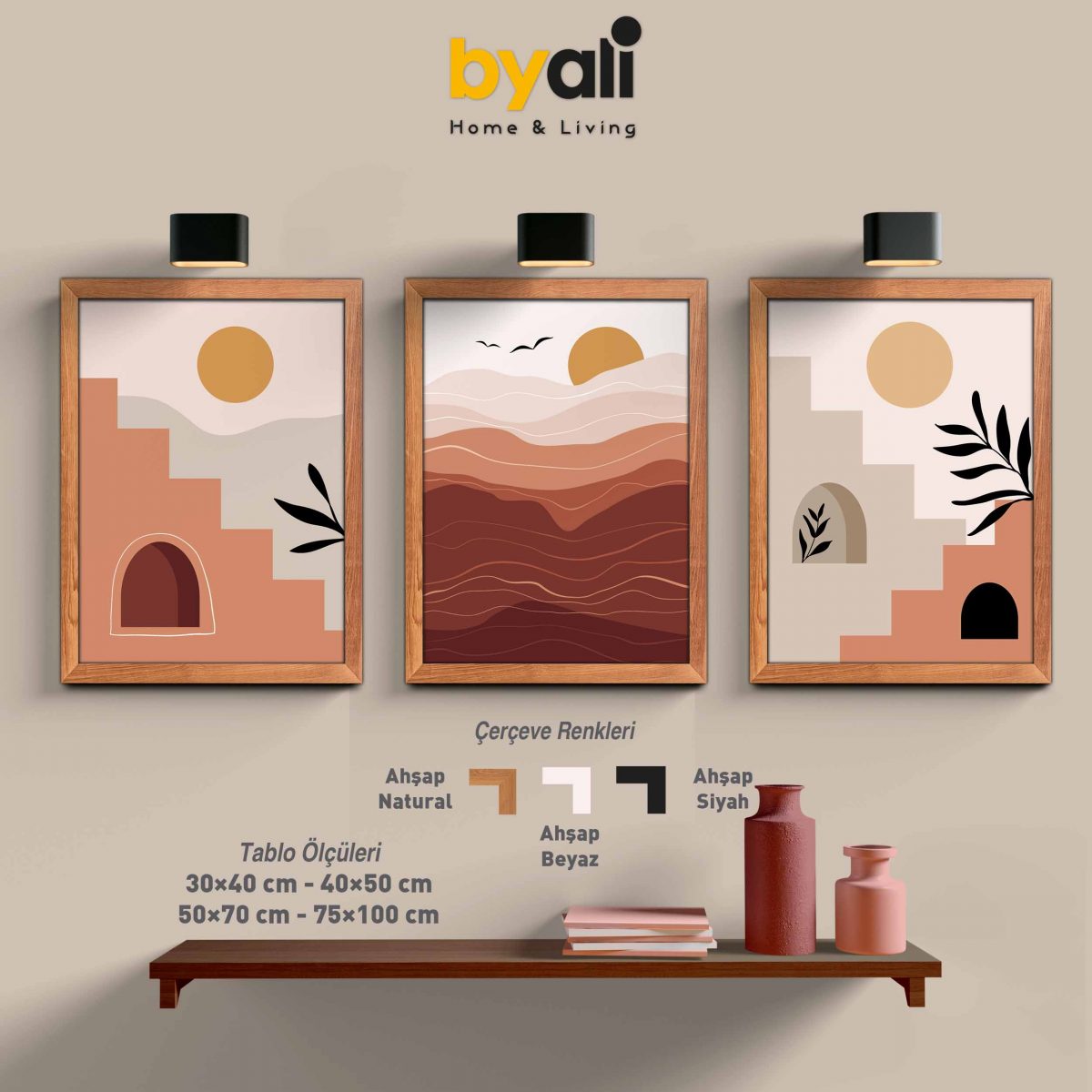 Ahşap Çerçeveli Boho 3’lü Tablo Seti 3096