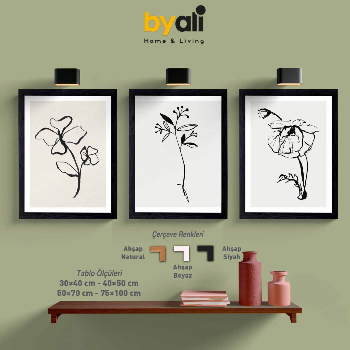 Ahşap Çerçeveli Line Art 3’lü Tablo Seti