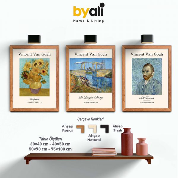 Vincent van Gogh Ahşap Çerçeveli 3’lü Tablo Seti E3004
