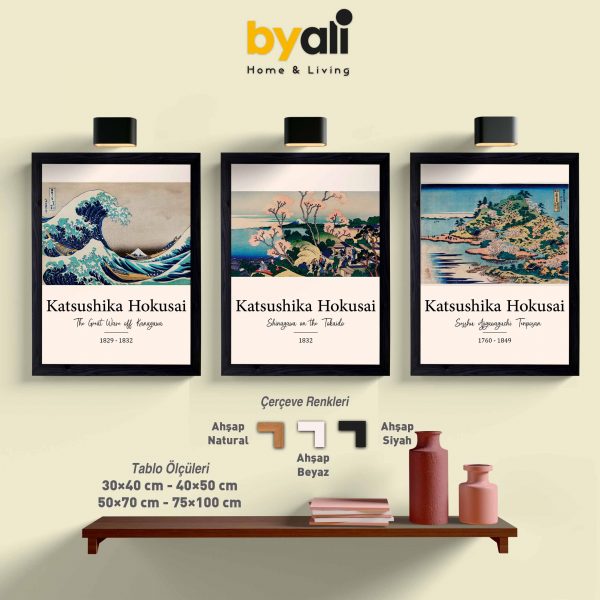 Katsushika Hokusai Ahşap Çerçeveli 3’lü Tablo Seti E3020