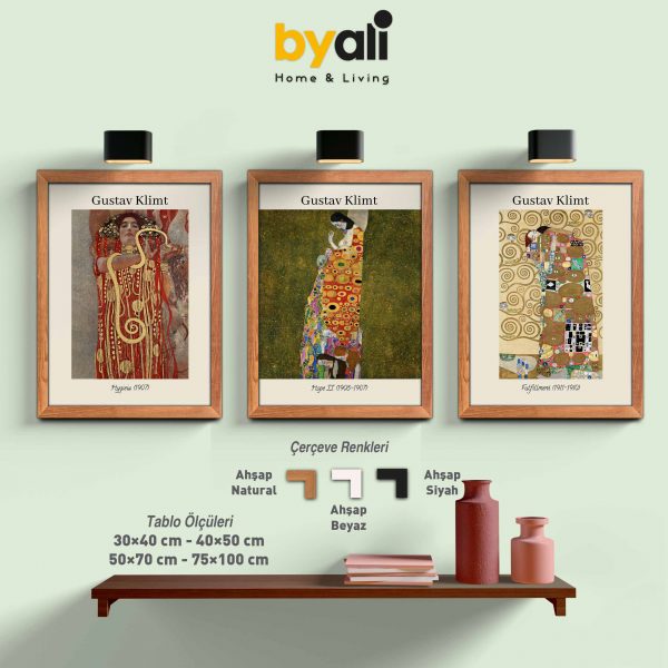 Gustav Klimt Ahşap Çerçeveli 3’lü Tablo Seti E3023