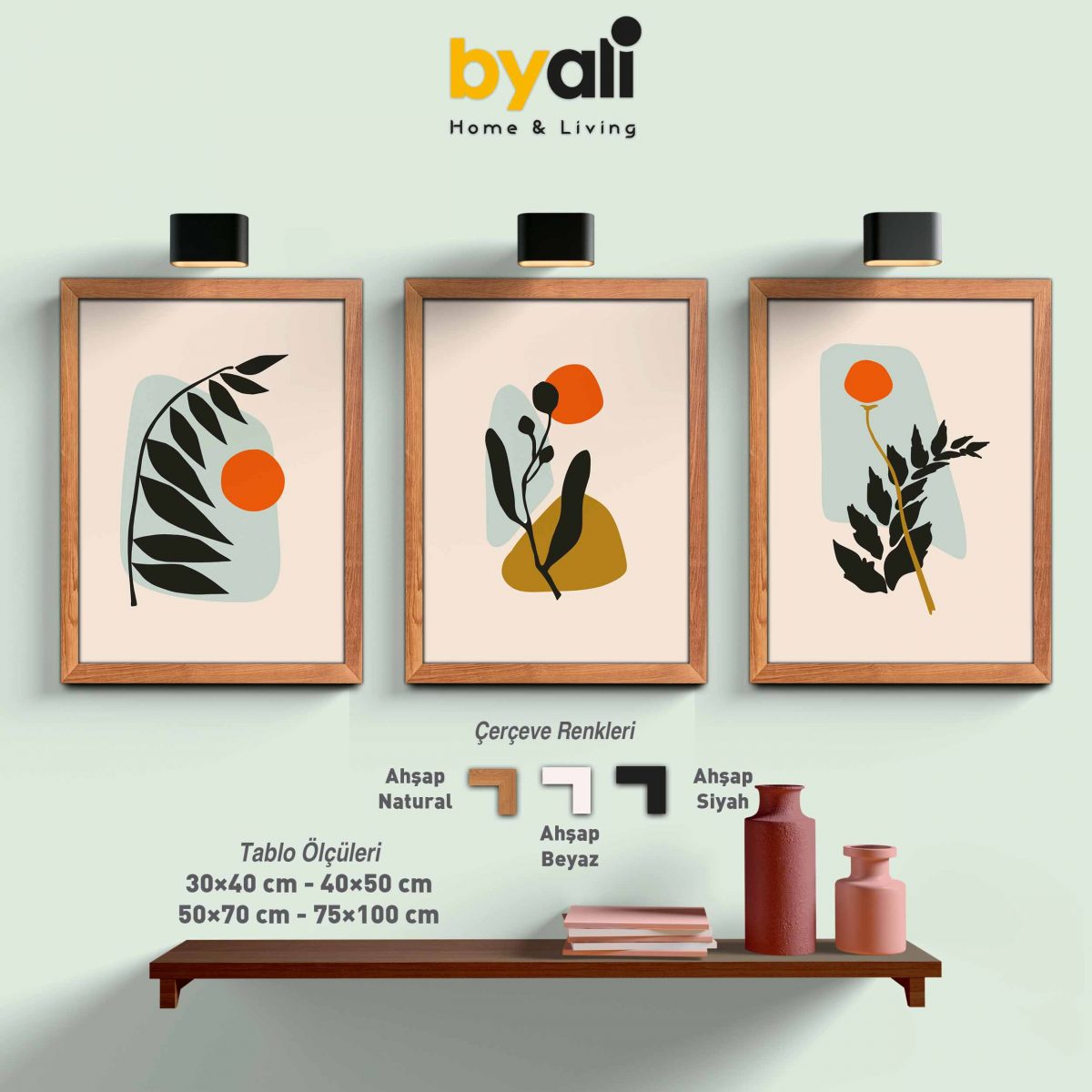 Minimalist Bohemian Ahşap Çerçeveli 3’lü Tablo Seti 3157