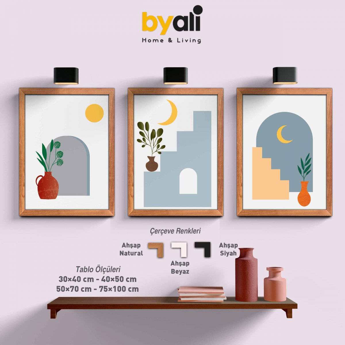 Minimalist Bohemian Ahşap Çerçeveli 3’lü Tablo Seti