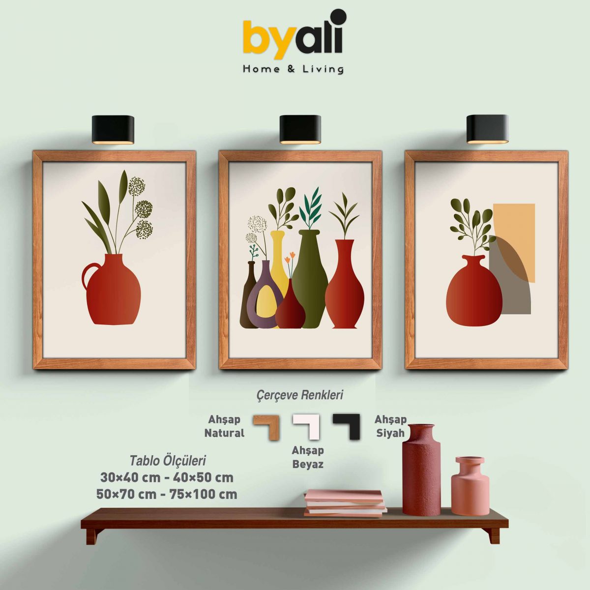 Minimalist Bohemian Ahşap Çerçeveli 3’lü Tablo Seti