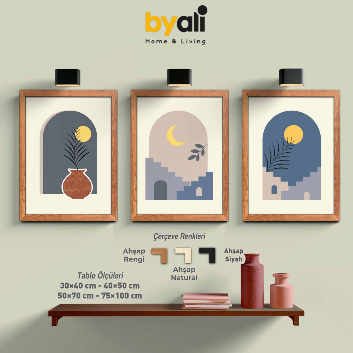 Minimalist Ahşap Çerçeveli 3’lü Tablo Seti