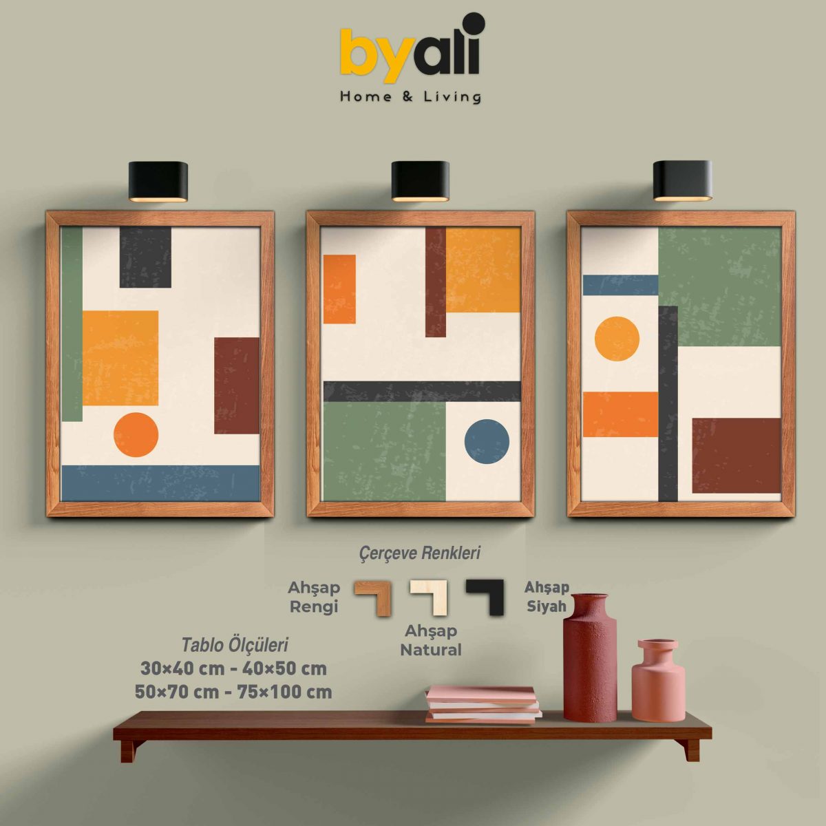 Geometric Ahşap Çerçeveli 3’lü Tablo Seti 3176