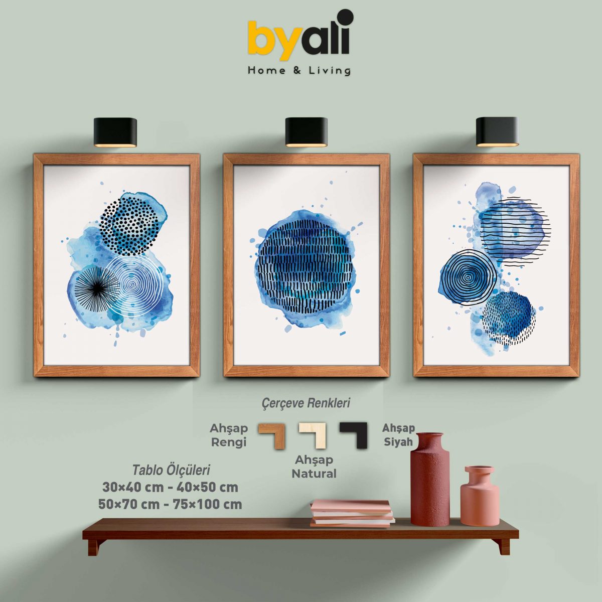 blue watercolor art 3’lü Tablo Seti - 3243